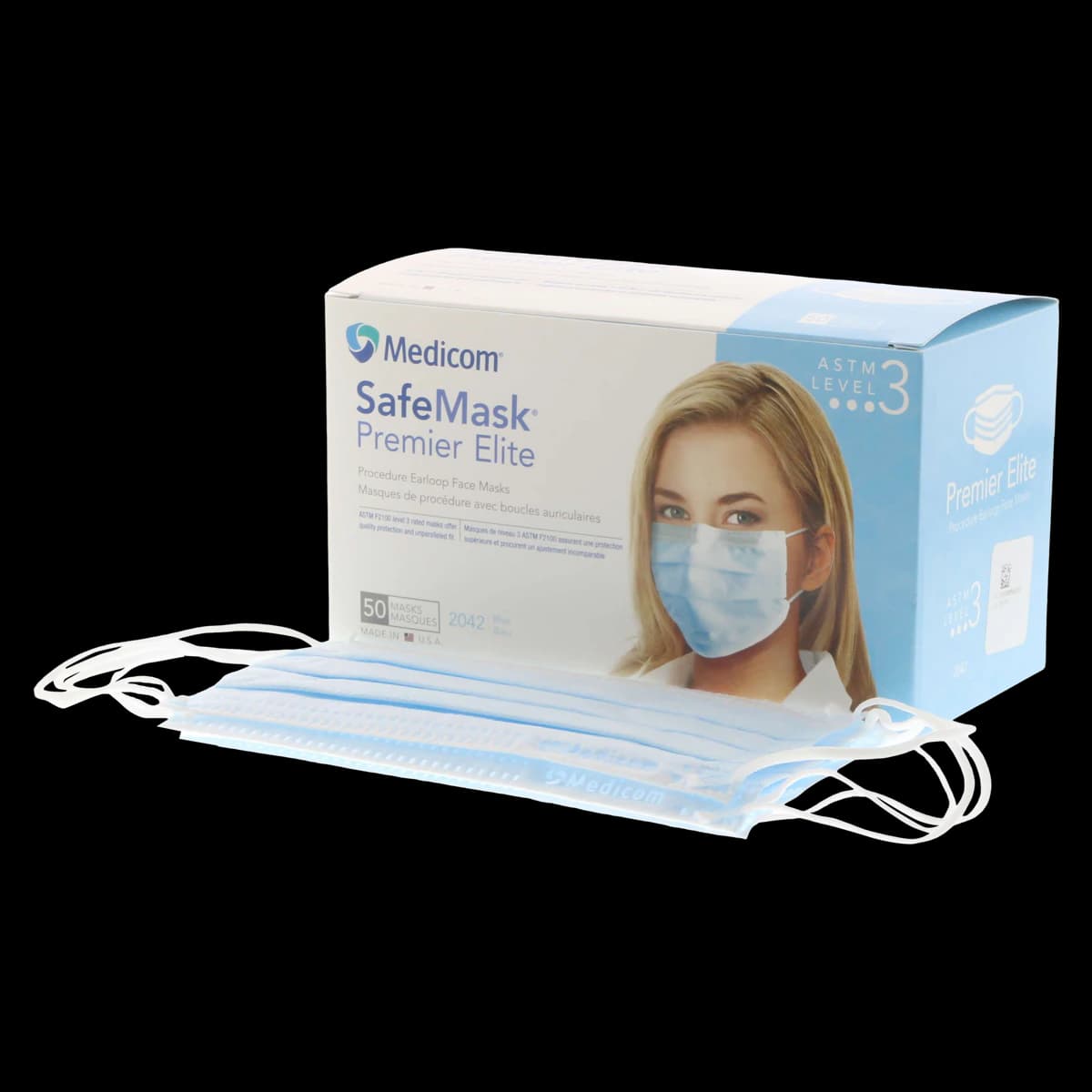 SafeMask® Premier Elite™ Procedure Earloop Face Mask, ASTM Level 3, Blue, 50/Box, 2042 - SafeMask® Premier Elite™ Procedure Face Mask ASTM Level 3 Blue Box of 50 - Image 1