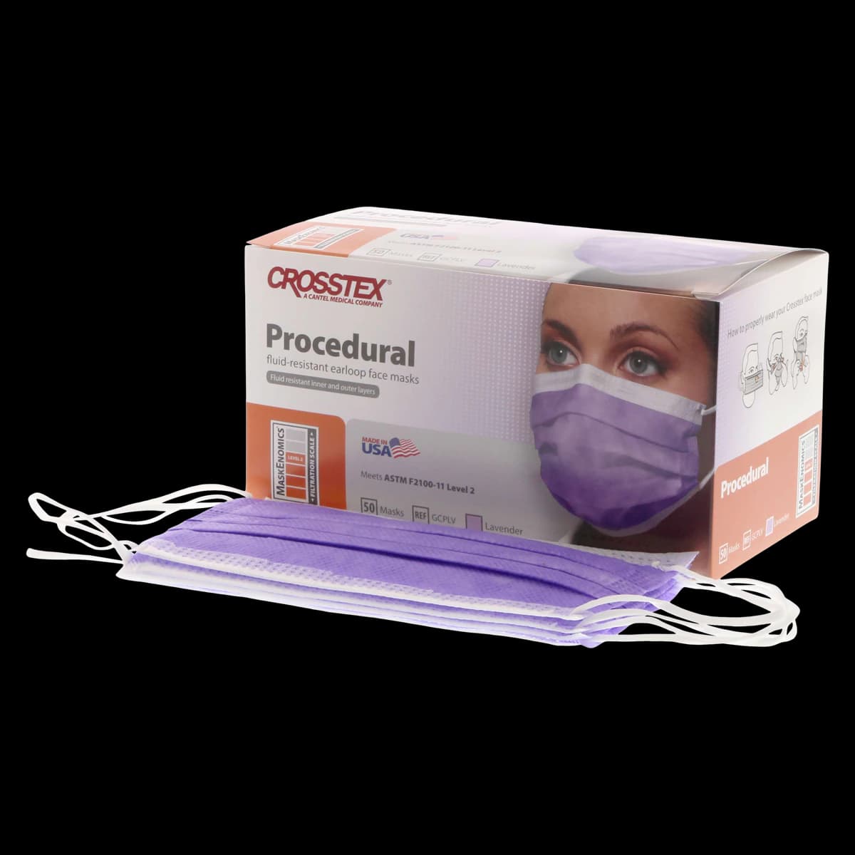 Crosstex Procedural Earloop Face Mask, ASTM Level 2, Lavender, Latex Free, 50/Box, GCPLV - Procedure Face Mask ASTM Level 2 Lavender Box of 50 - Image 1