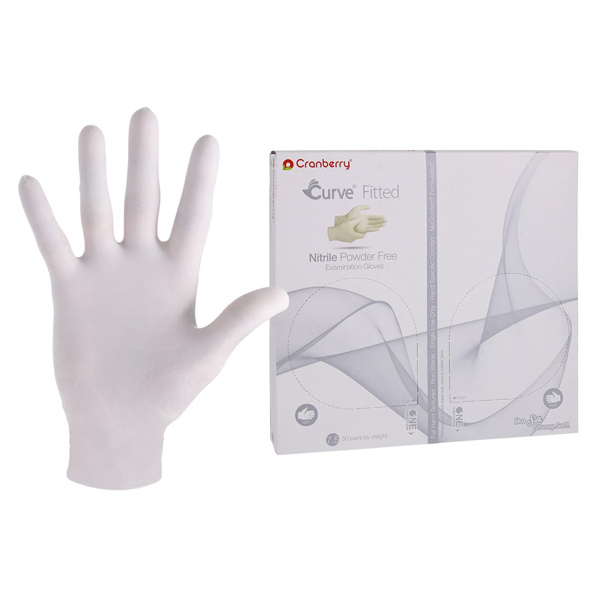 Cranberry Curve Fitted Nitrile Exam Gloves, Powder Free, Non-Sterile, White, Size 7.5, 100/Box, CR3427 - Cranberry Curve™ Fitted Nitrile Gloves, 100/Box - 7.5 - Image 1
