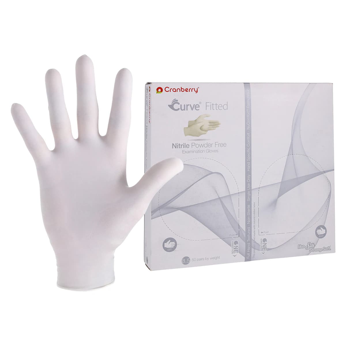 Cranberry Curve Fitted Powder-Free Nitrile Exam Gloves, White, Size 8.5, 100/Box, CR3429 - Curve Nitrile Exam Gloves - Image 1