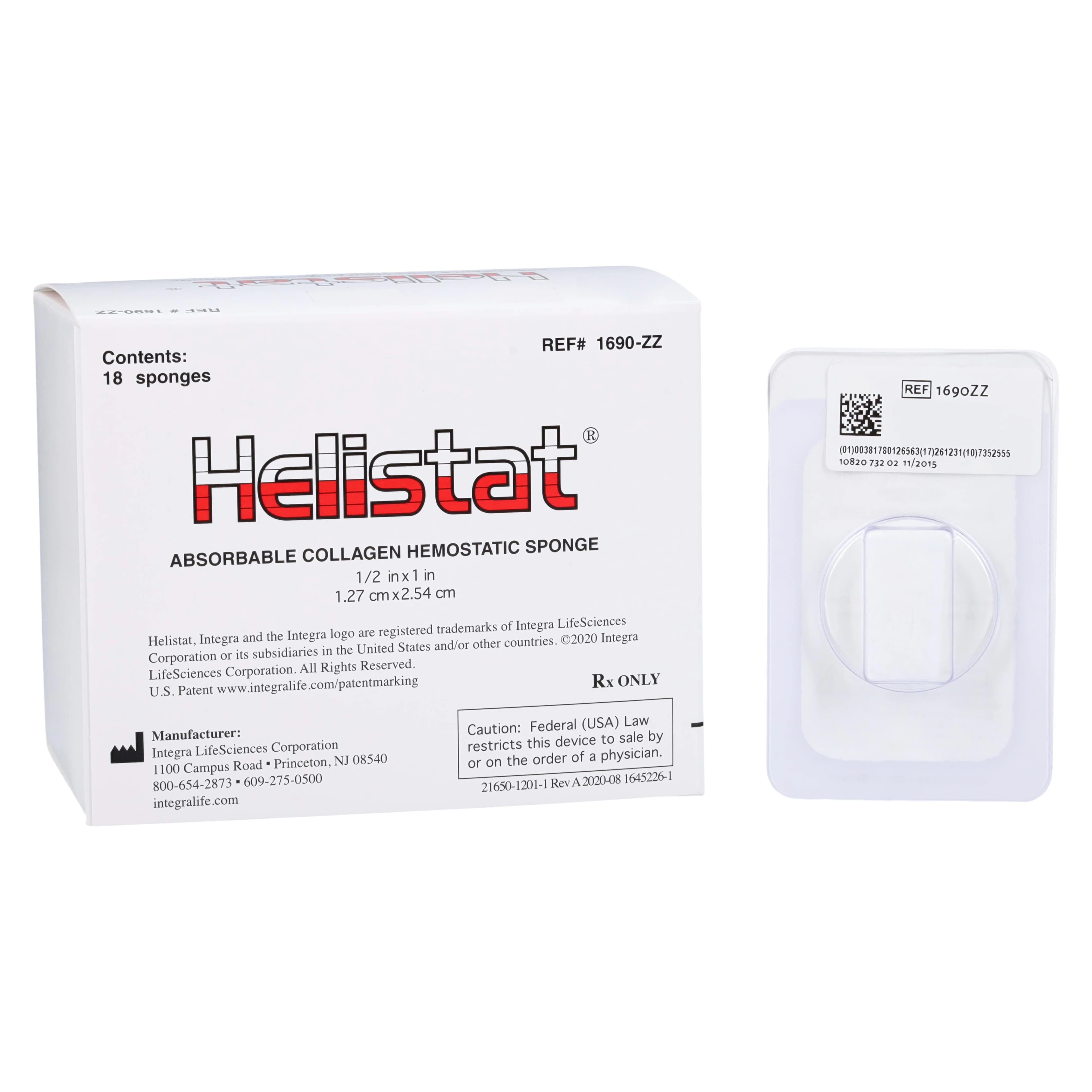 Helistat Absorbable Collagen Hemostatic Sponge, 1/2" x 1", Sterile, 18/Box, 1690ZZ - Helistat Collagen Sponge 18/Box - Image 1