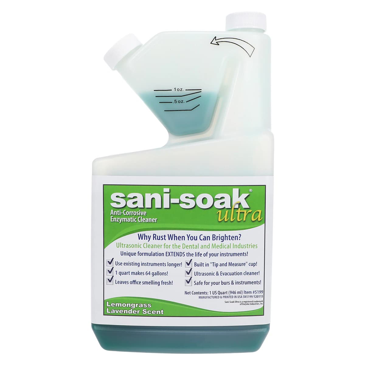 Sani-Soak Ultra Enzymatic Ultrasonic Cleaner, Lemongrass, 1 qt (946 mL) Bottle, 12/Case - Sani-Soak Ultra Enzymatic Cleaner Lemongrass 1 qt - Image 1
