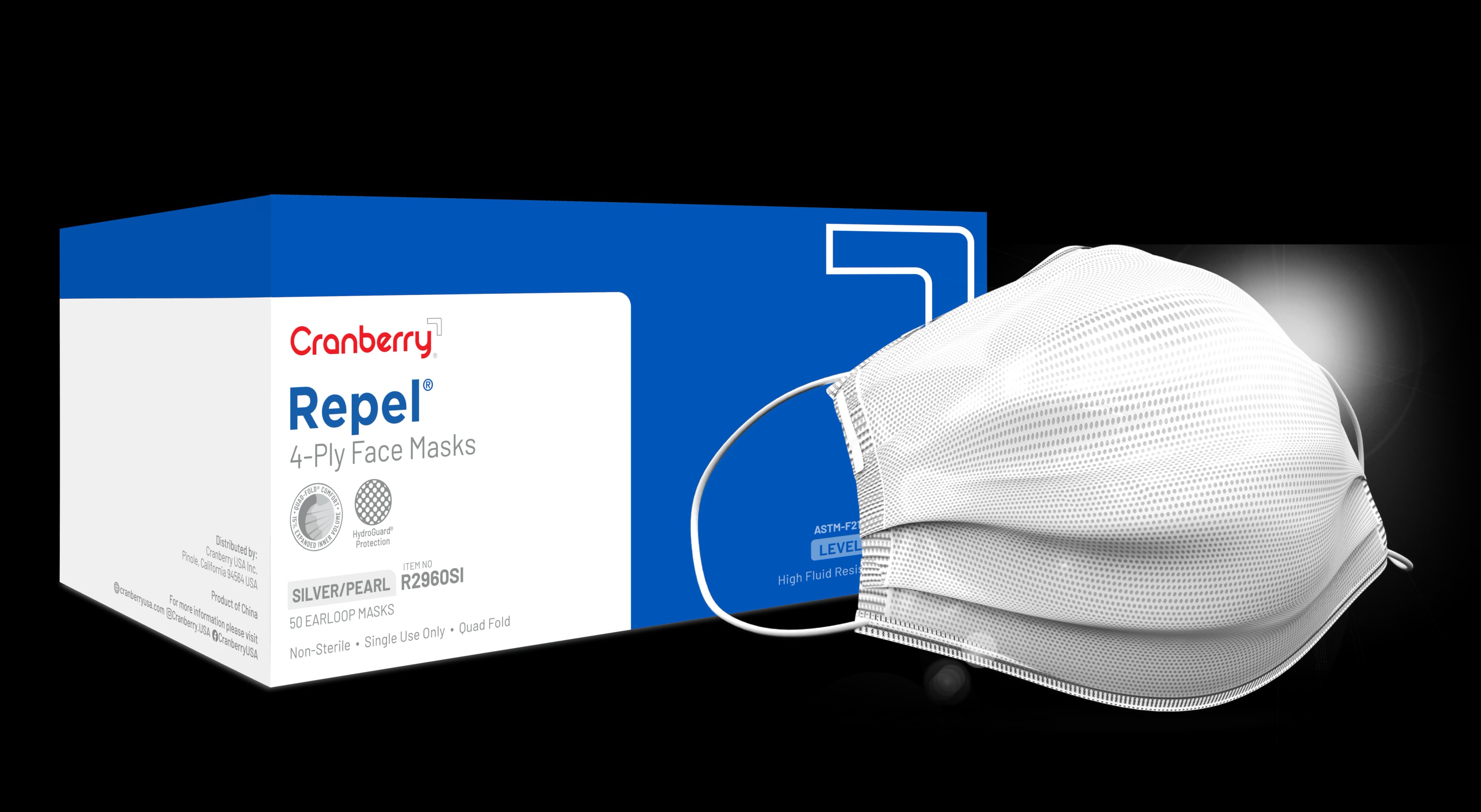 Cranberry Repel 4-Ply Earloop Procedure Face Mask, ASTM Level 3, Pearl Silver, One Size Fits Most, 50/Box, R2960SI - Cranberry Repel Procedure Face Mask ASTM Level 3 Silver Box of 50 - Image 1