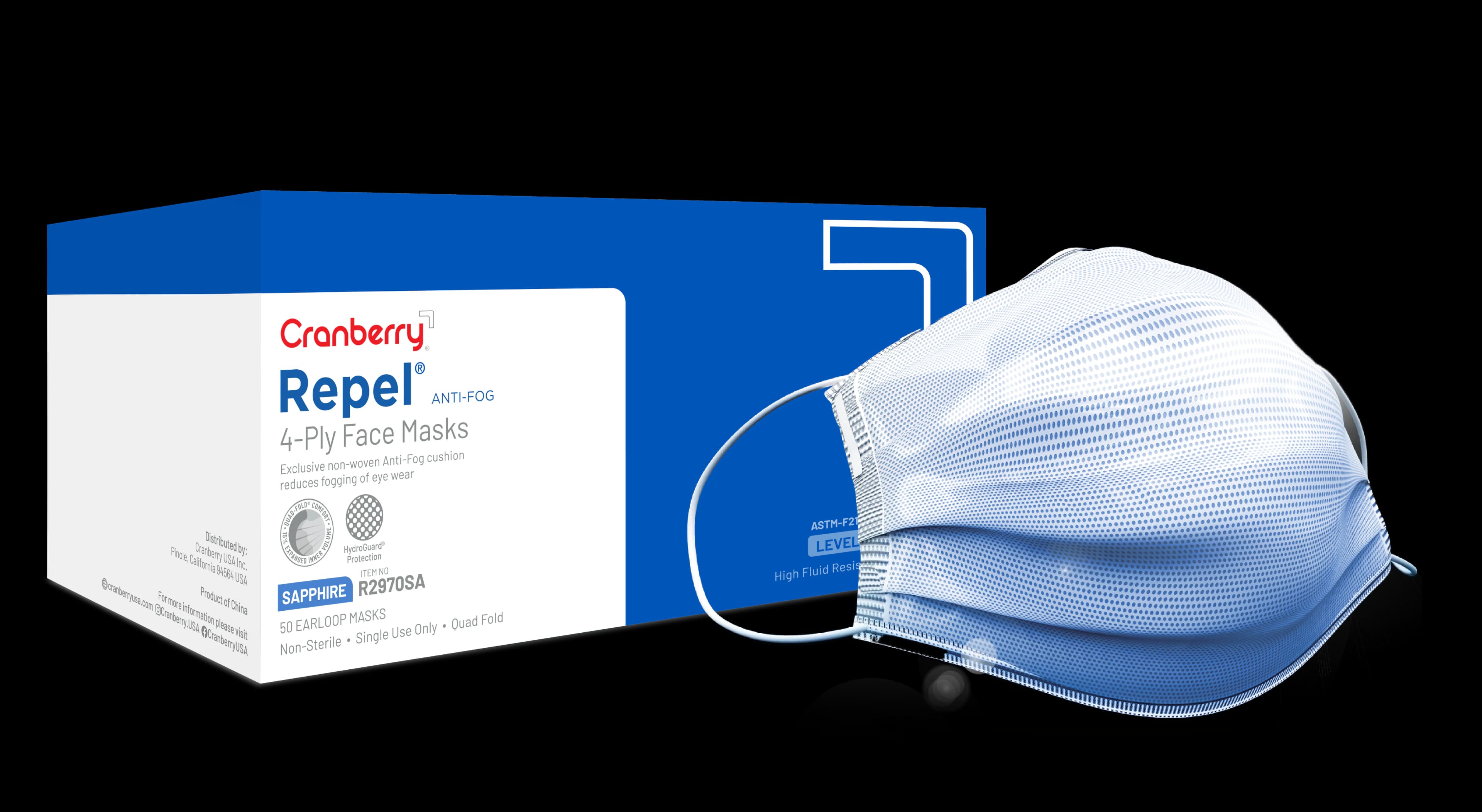 Cranberry Repel Anti-Fog 4-Ply Earloop Face Mask, ASTM Level 3, Sapphire, 50/Box, R2970SA - Cranberry Repel Face Mask Anti Fog Sapphire 50Bx - Image 1