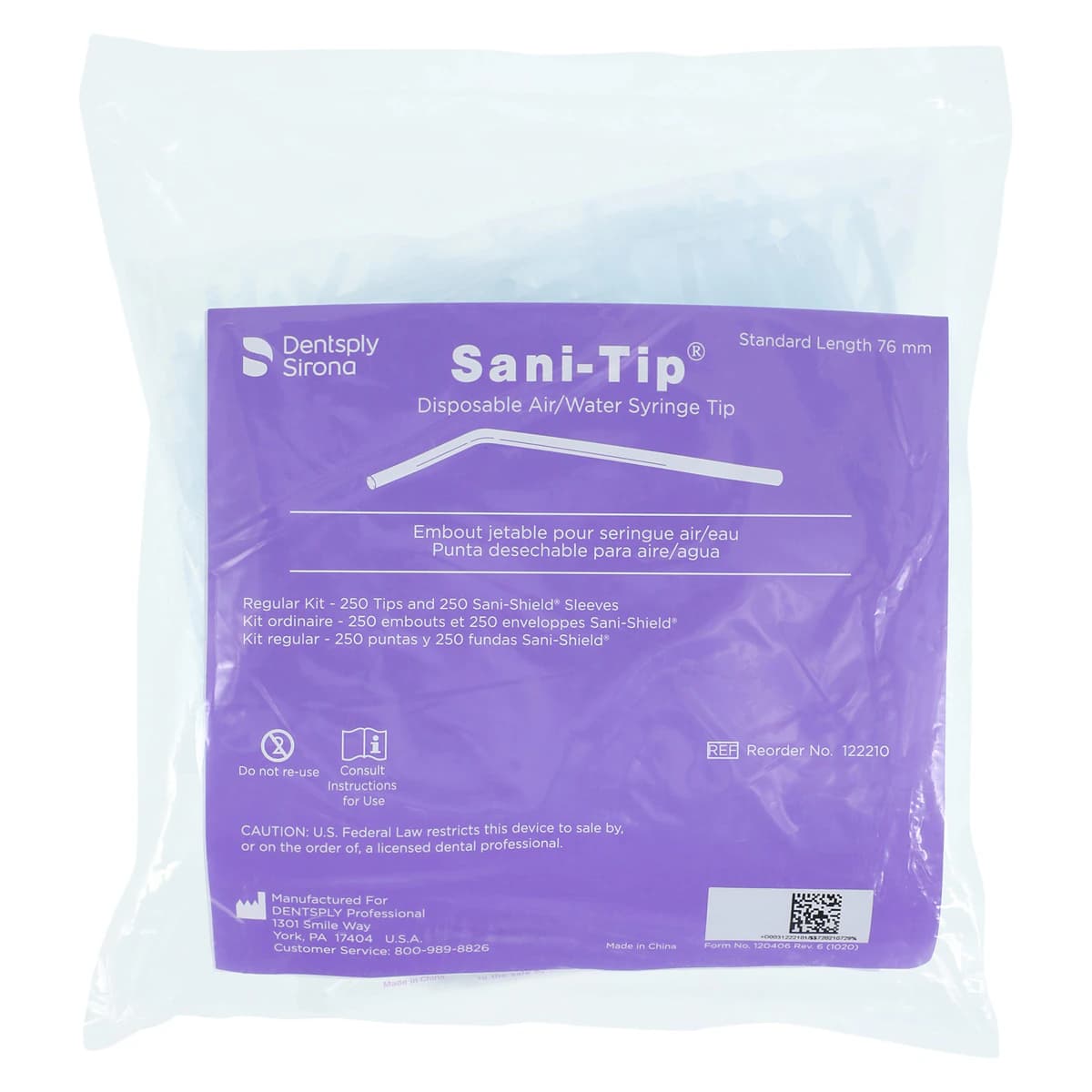 Sani-Tip Disposable Air/Water Syringe Tips, Standard 76mm, Clear, 250 Tips & 250 Sani-Shield Sleeves, Refill, 122210 - Sani-Tip Air/Water Syringe Tips Refills Standard 76mm Bag of 250 - Image 1