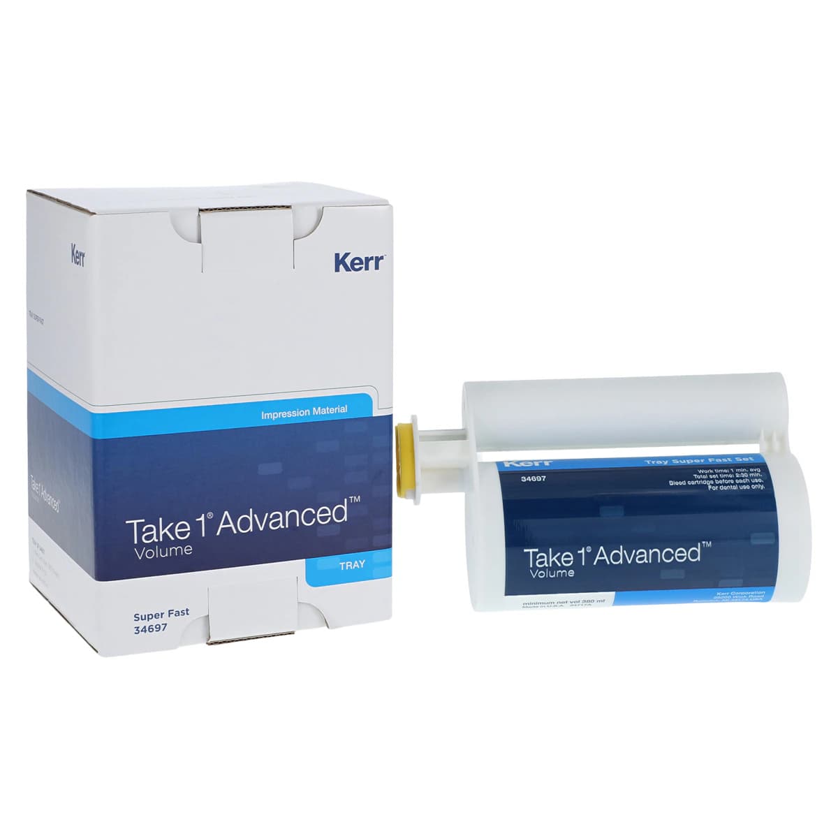 Kerr Take 1 Advanced VPS Impression Material, Volume Tray Heavy Body, Super Fast Set, Dark Blue, 380 ml Hard Cartridges, 2/Pkg, #34697 - Take 1™ Advanced™ VPS Impression Material - Hard Cartridges - Super Fast Set - Tray (Dark Blue) - Image 1