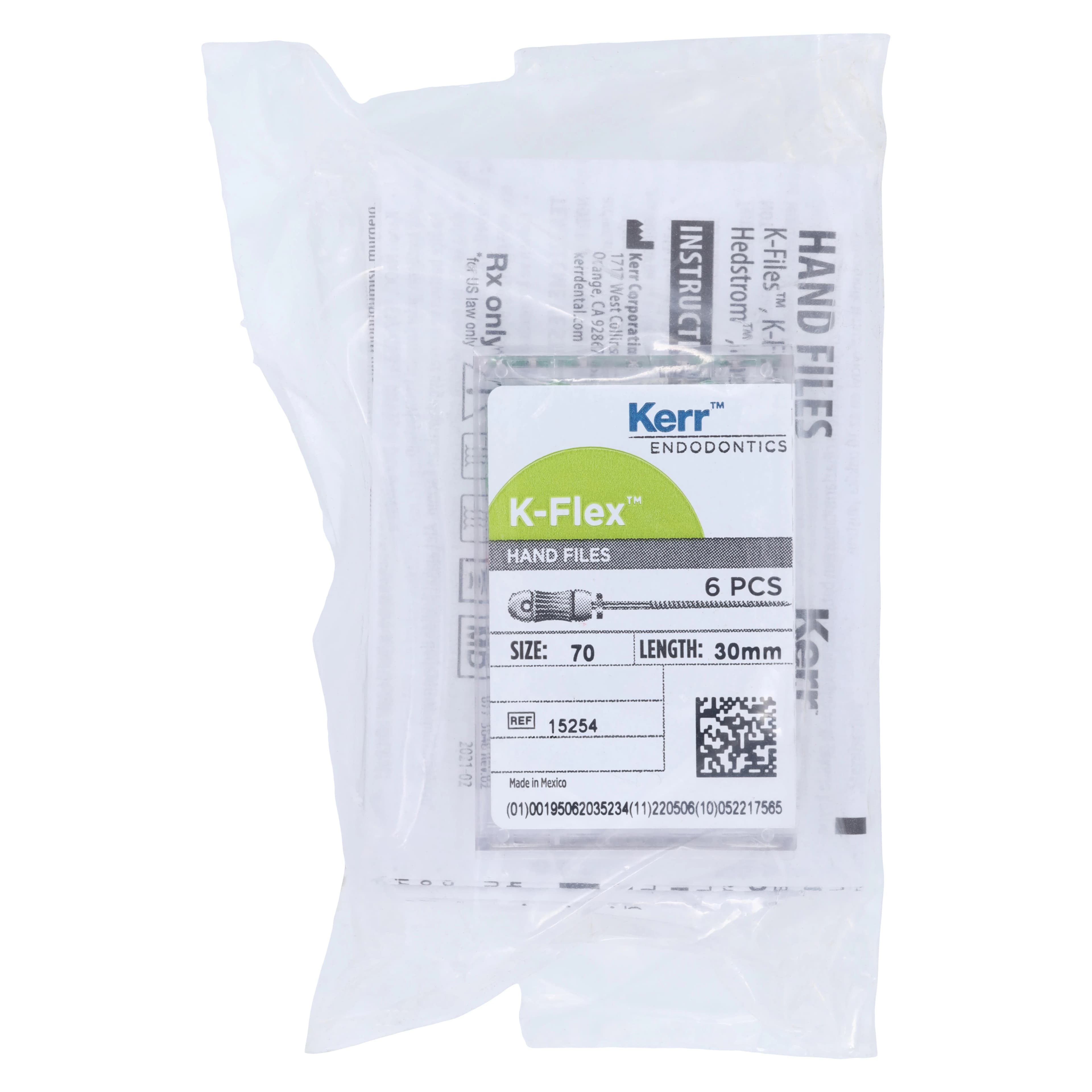 Kerr K-Flex Stainless Steel Hand Files, 30 mm, Size #70, Green, 6/Pack, 15254 - #70 Green SybronEndo K-Flex Files 30mm Pack of 6 - Image 1