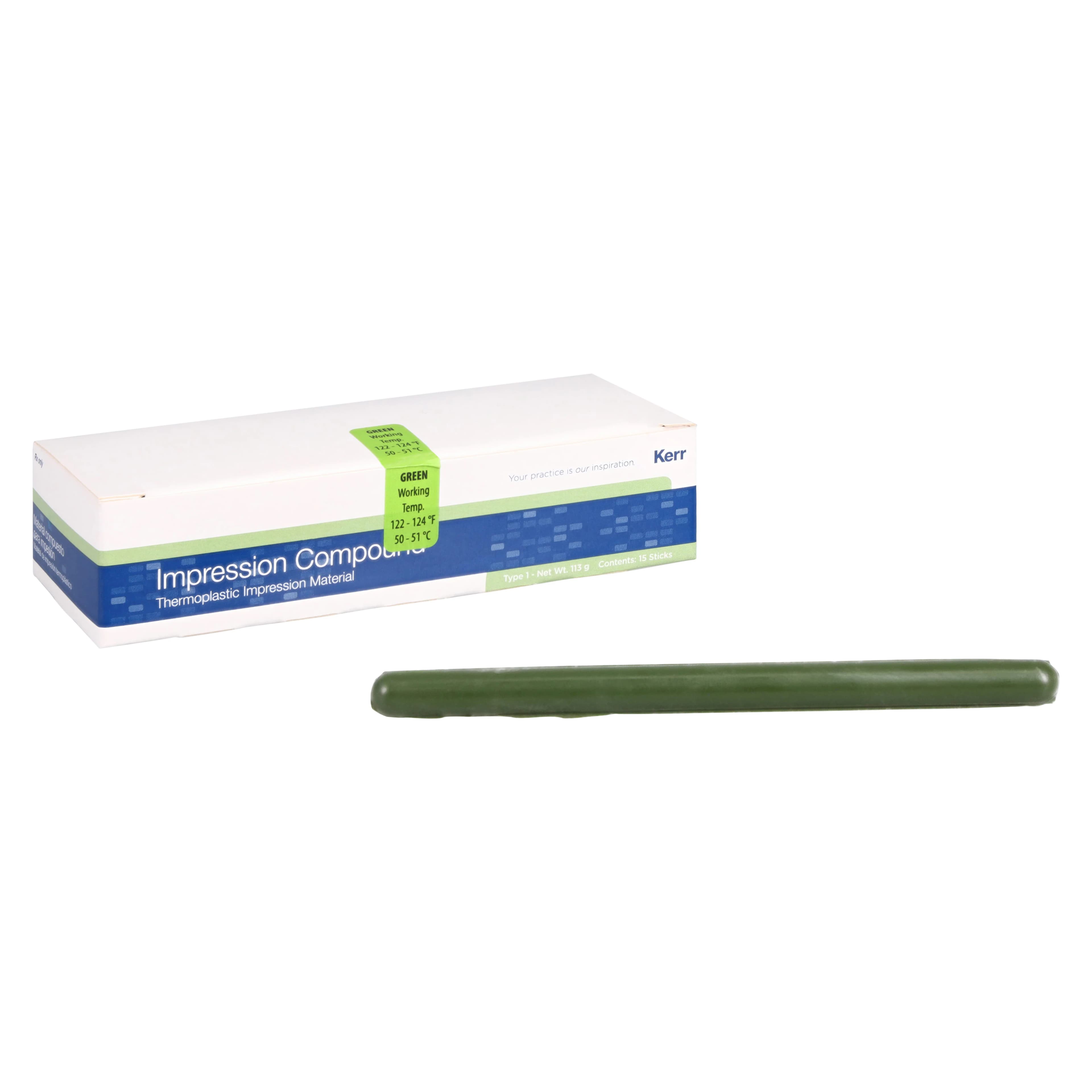 Kerr Impression Compound Sticks, Green, Type 1, 1/4 lb, 15/Pkg, 00444 - Compound Sticks-Green 15 Count - Image 1