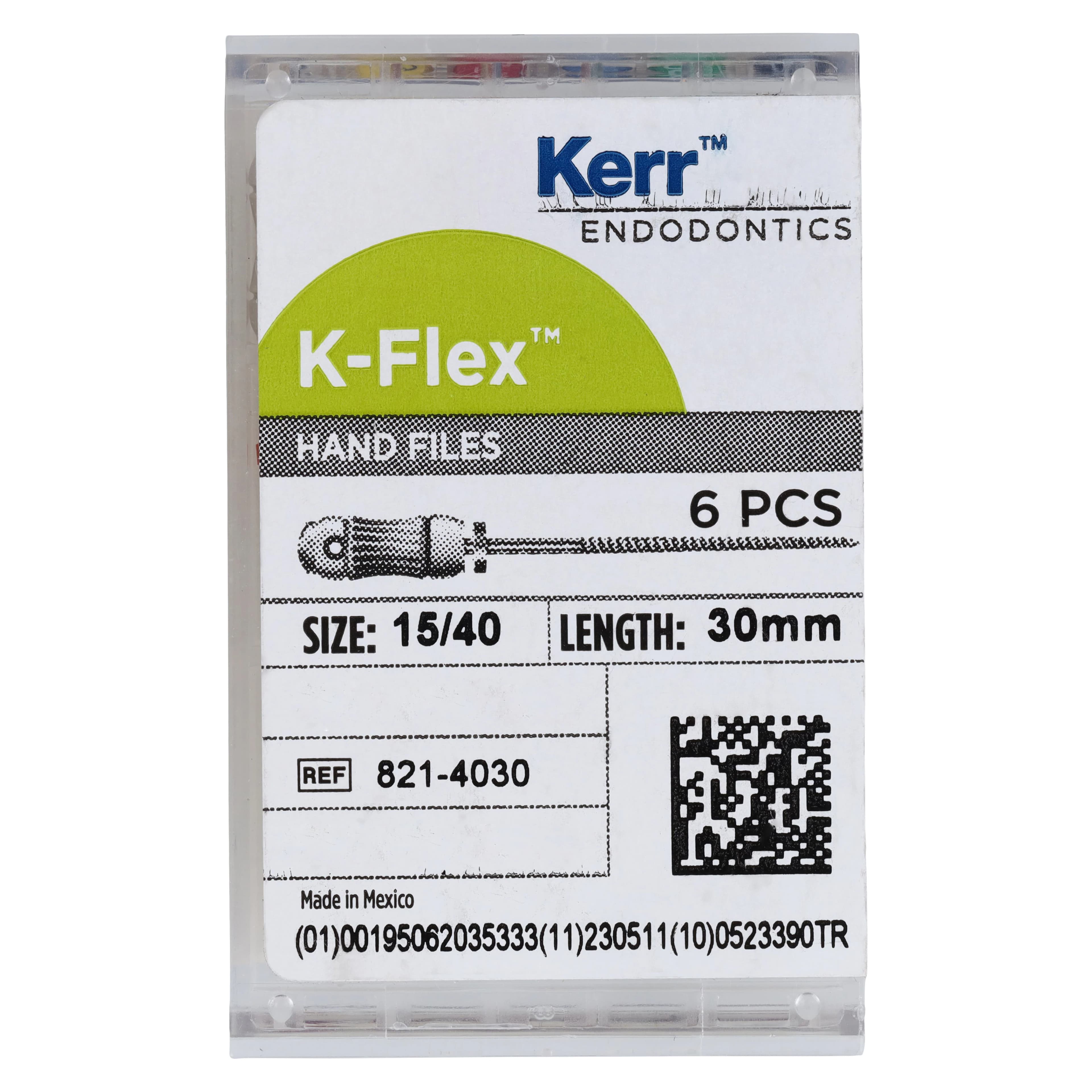 Kerr K-Flex Endodontic Files, Stainless Steel, 30mm, #15-40 Assorted, 6/Pack, 821-4030 - #15-40 Assorted SybronEndo K-Flex Files 30mm Pack of 6 - Image 1