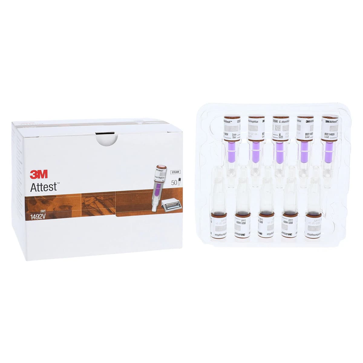 3M Attest Super Rapid Readout Steam Biological Indicator 1492V, Brown Cap, 24-Minute, 50/Box - 3M Attest Super Rapid Steam Biological Indicator, 1492V, Brown Cap, 24min, 50/CAR, 4 CAR/CS, 200/CS - Image 1