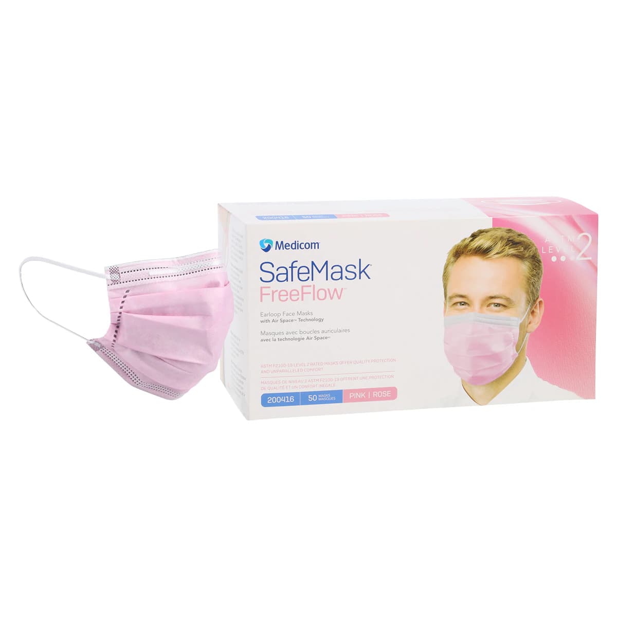 SafeMask FreeFlow Procedure Face Mask, ASTM Level 2, Ear Loop, Pink, 50/Box, 200416 - SafeMask® FreeFlow™ Procedure Face Mask ASTM Level 2 Pink Box of 50 - Image 1