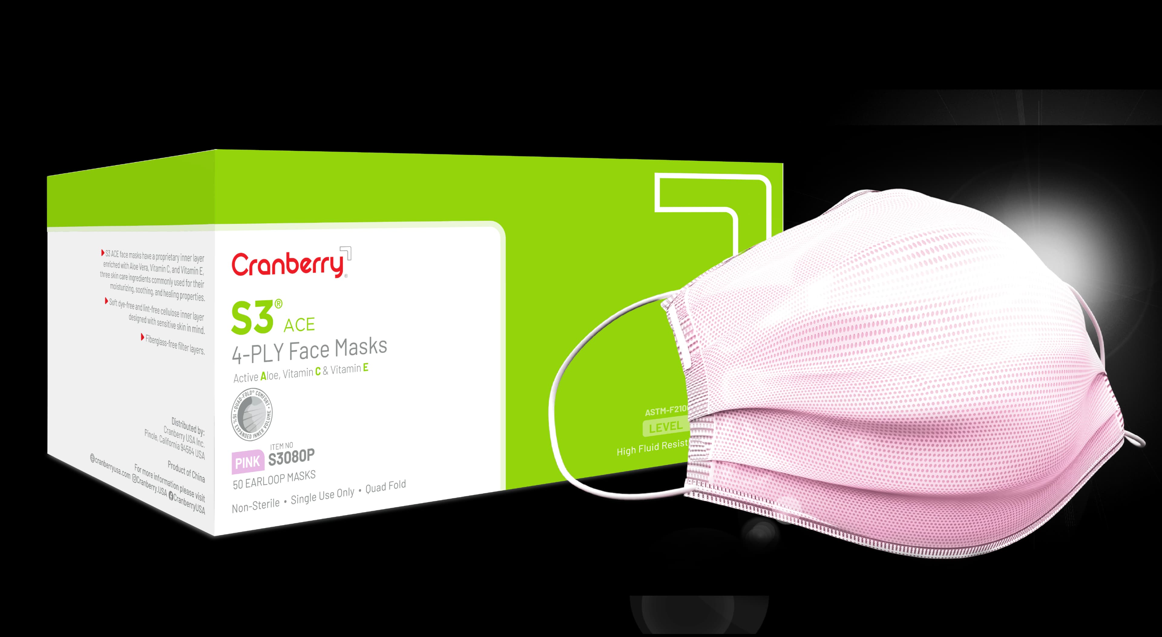 Cranberry S3 ACE Earloop Face Mask, ASTM Level 3, Pink, 50/Box, S3080P - S3 ACE Earloop Face Mask - Image 1
