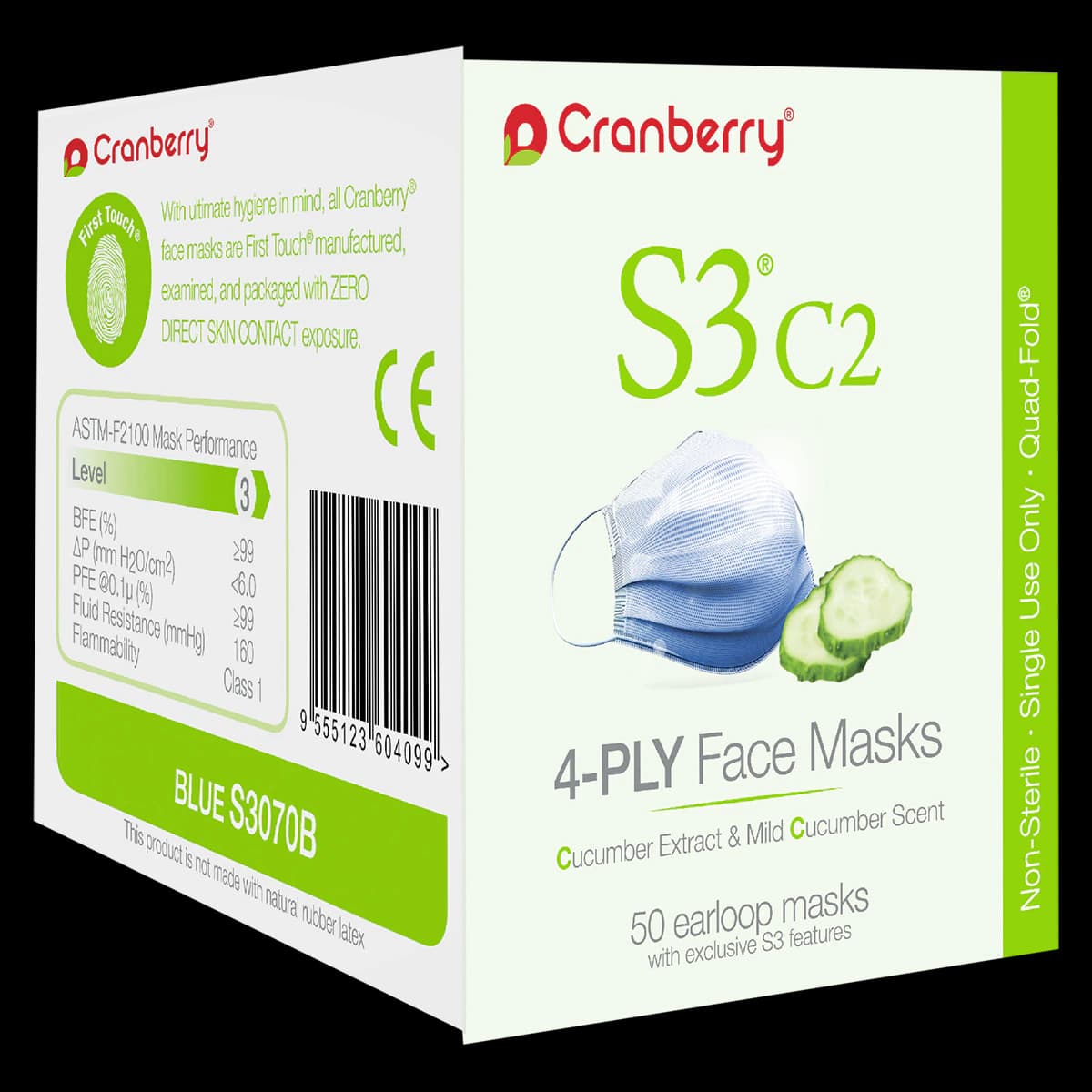 Cranberry S3 C2 Earloop Face Mask, ASTM Level 3, Blue, Cucumber Scent, 50/Box, S3070B - S3 C2 Earloop Face Masks - Image 1