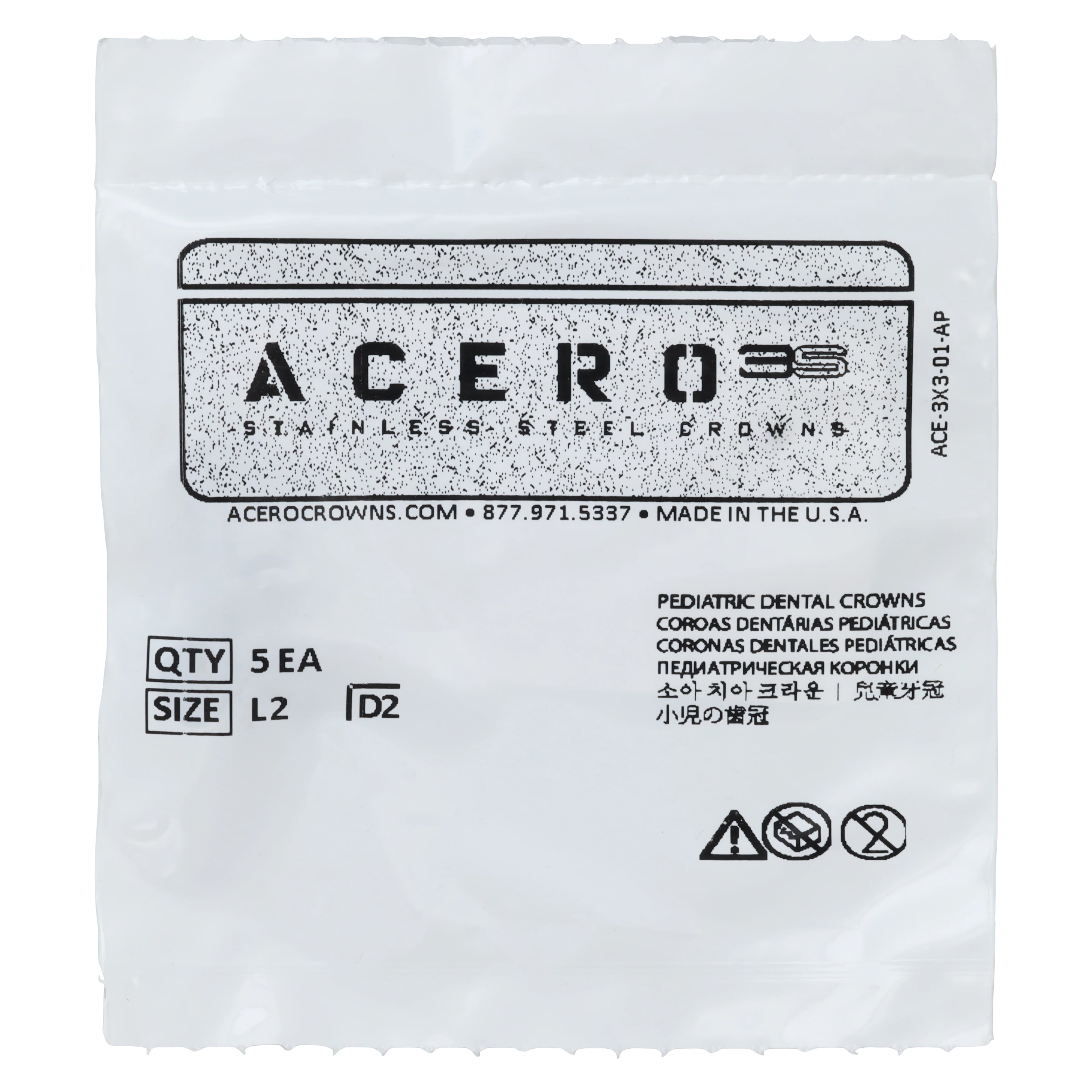 Acero 3S Primary Molar Stainless Steel Crown, Lower Left First Molar "L", Size 2, 5/Pack - Acero 3S Lower Left First Molar "L" Refill 5/Pack - Image 1
