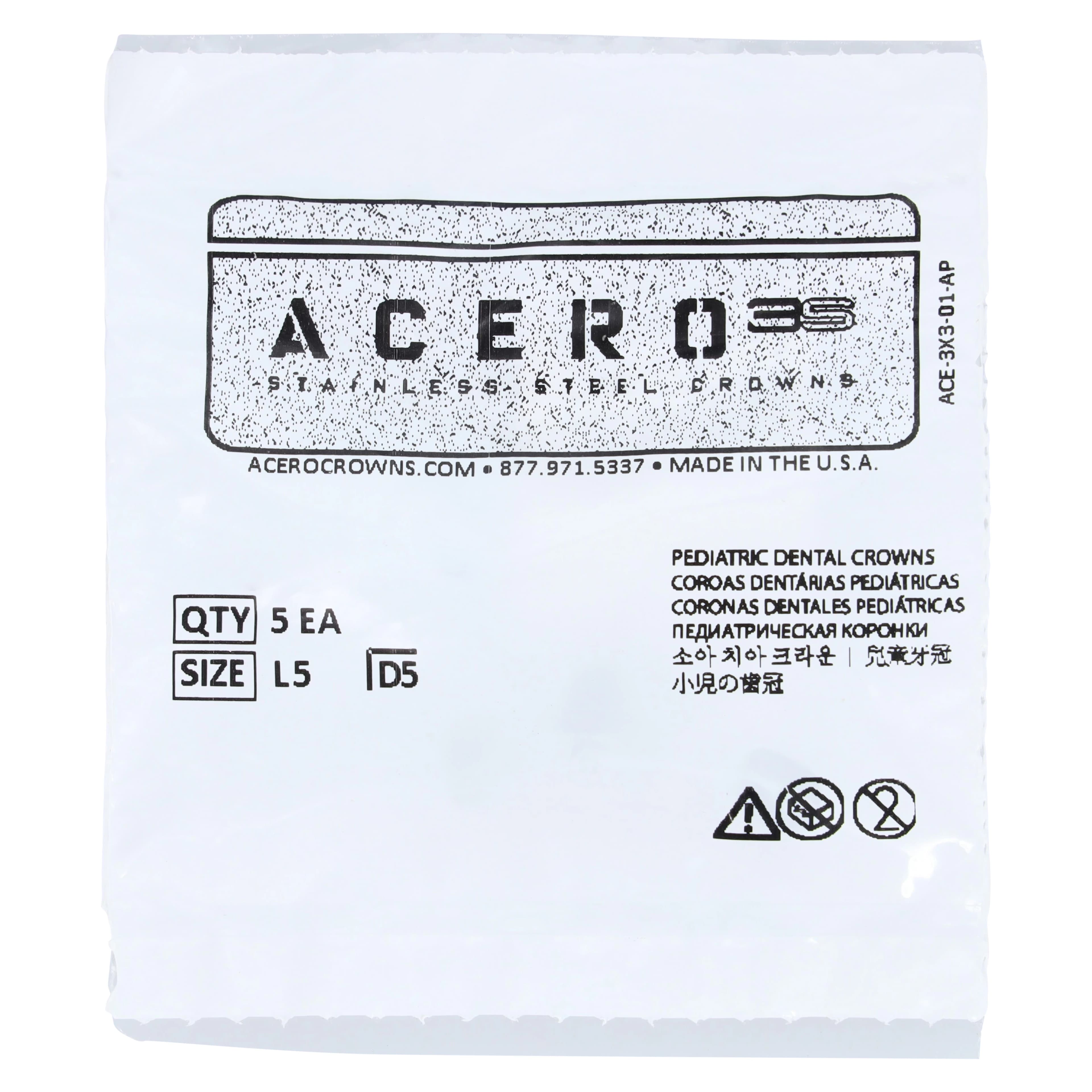 Acero 3S Primary Molar Stainless Steel Crown, Lower Left First Molar "L", Size 5, 5/Pack, 3S L5 - Acero 3S Lower Left First Molar "L" Refill 5/Pack - Image 1