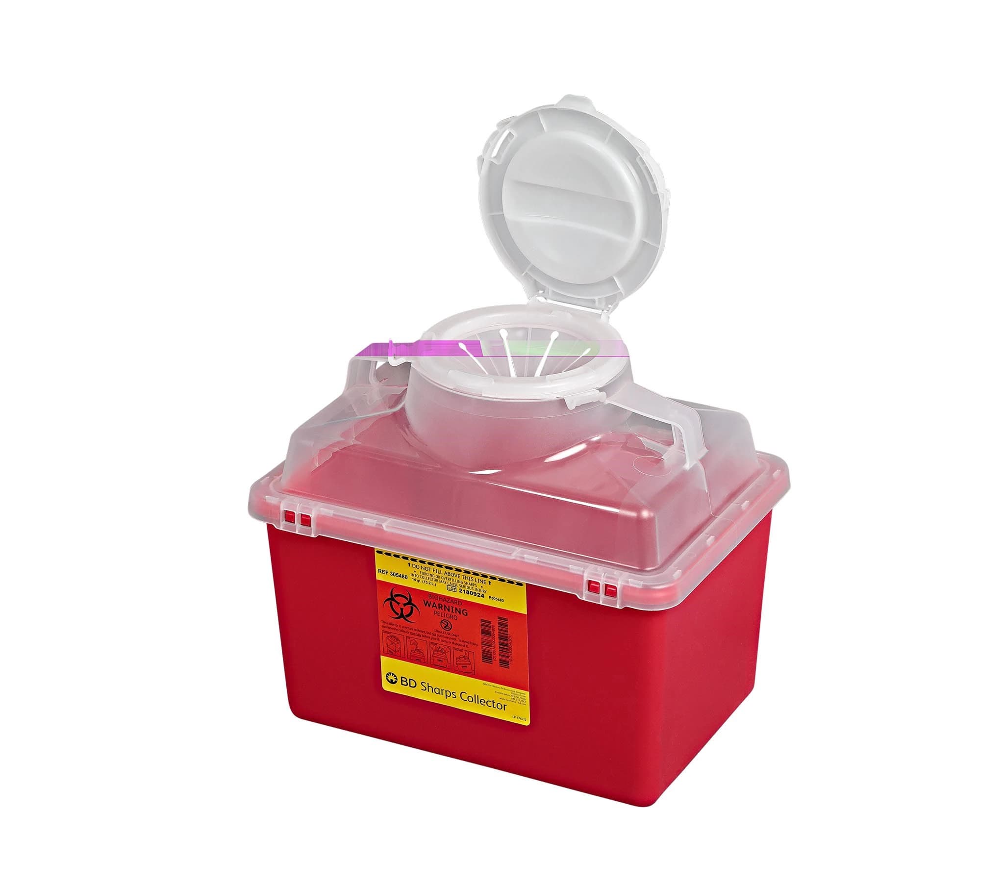 BD Multi-Use Nestable Sharps Collector, 14 Qt, Large Funnel Cap, Clear Top, Red, 20/Case, 305480 - BD MULTI-USE NESTABLE SHARPS COLLECTORS, 305480 - Image 1