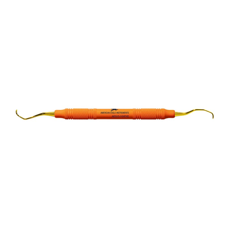 American Eagle XP® SQUARED Technology Gracey Standard 15-16 Posterior Mesial Curette, Orange Resin Handle, Double-Ended, 3/8" - XP® SQUARED Technology Gracey Standard 15-16 posterior mesial with plastic handle - Image 1