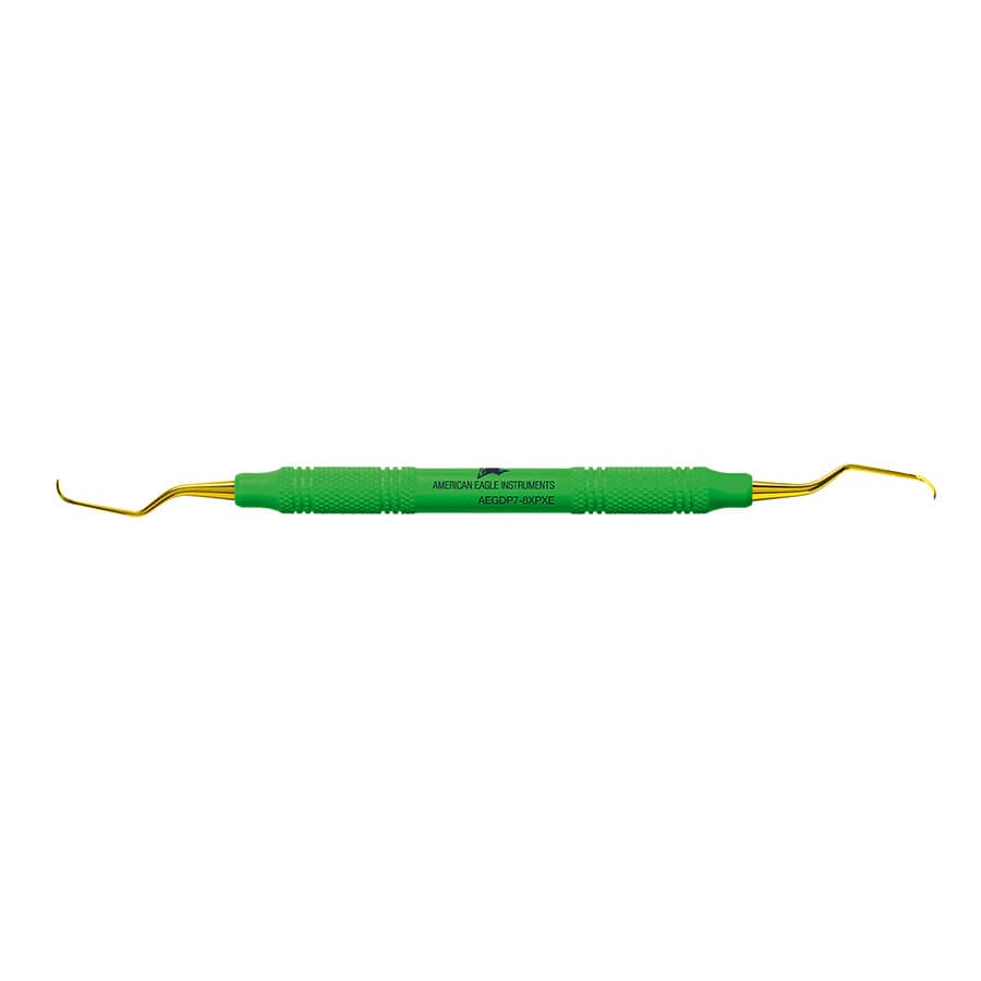 XP® SQUARED Technology Gracey +3 Deep Pocket 7-8 Curette, Green, 3/8" Handle, Double End, AEGDP7-8XPXE - XP® SQUARED Technology Gracey +3 Deep Pocket 7-8 with plastic handle - Image 1
