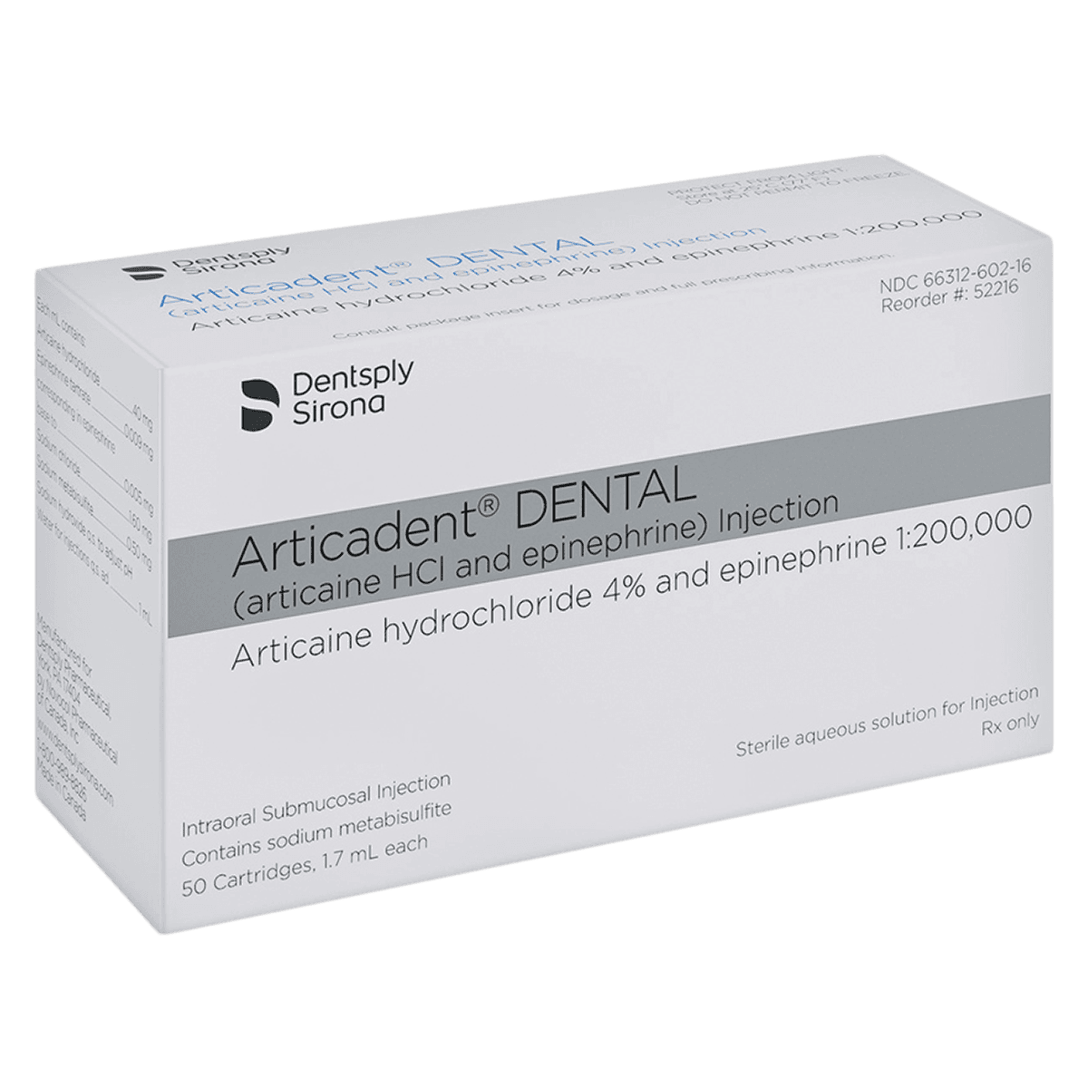 Articadent DENTAL 4% Articaine HCl with Epinephrine 1:100,000 Injection Cartridges, 1.7 mL, 50/Box, 51116 - Articadent 4% W/ Epinephrine 1:100 Articaine 50/Box 51116 - Image 1