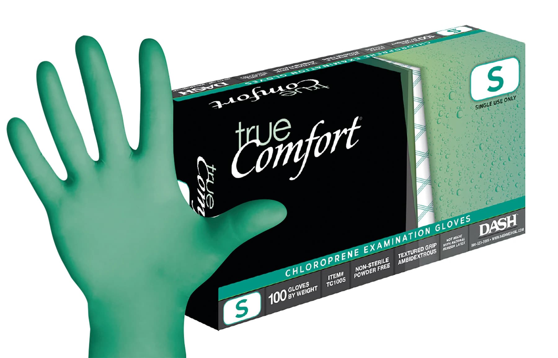 True Comfort Chloroprene Exam Gloves, Powder-Free, Non-Sterile, Small, Green, 100/Bx, TC100S - True Comfort Neoprene Exam Gloves Small 100/Bx - Image 1