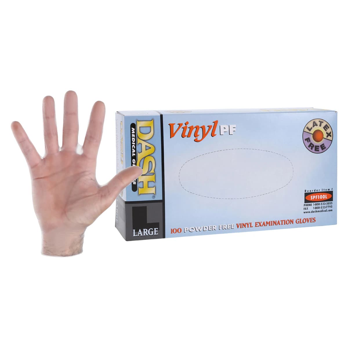 Dash Vinyl Powder-Free Exam Gloves, Latex-Free, Clear, Large, 100/Box, SPF100L - Vinyl PF Exam Gloves – Latex Free, 100/Box - Large - Image 1
