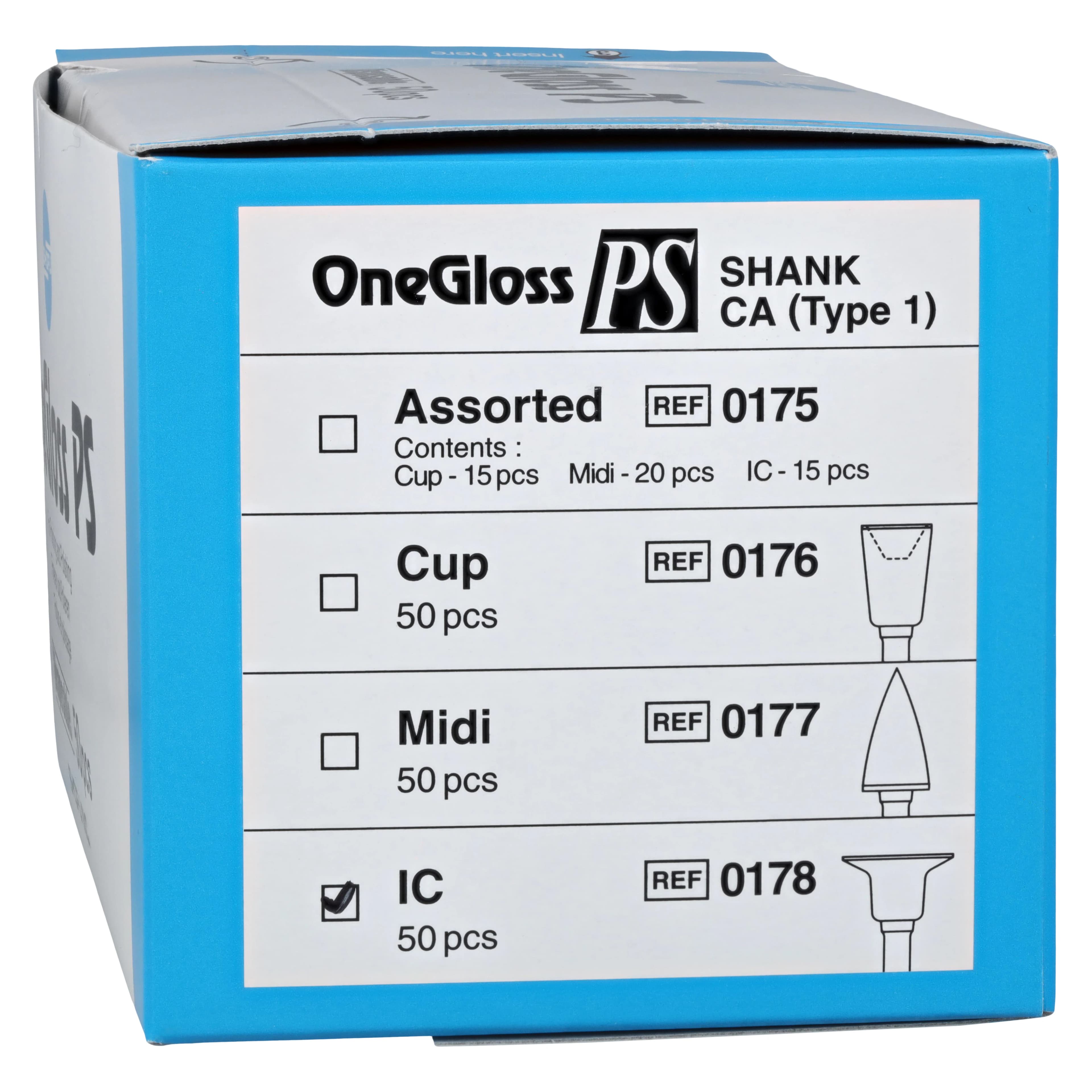 OneGloss PS Inverted Cone (IC) Composite Finishing & Polishing Refill, RA/CA Plastic Shank, 50/Box, 0178 - OneGloss PS 50/Box - Image 1
