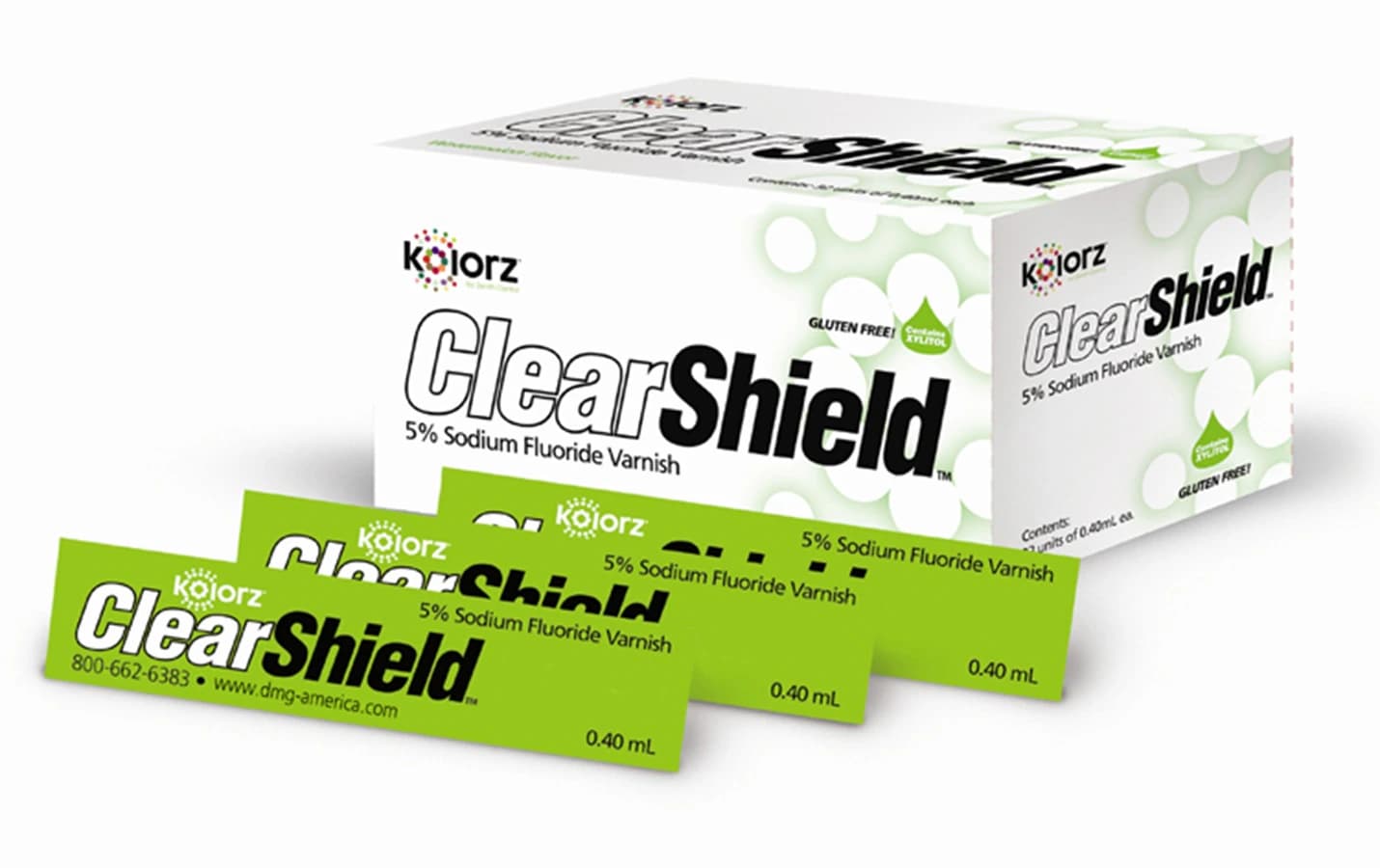 Kolorz ClearShield 5% Sodium Fluoride Varnish, Cookie Dough Flavor, 0.4 mL Unit Dose, 35/Box, #799512 - Kolorz ClearShield Fluoride Varnish Cookie Dough 35/Pk - Image 1