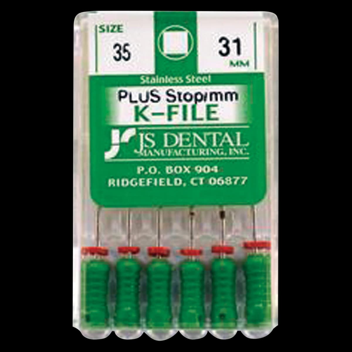 JS Dental K-File Plus #35 (Green) Stainless Steel Endodontic Hand File, 31mm, with Rubber Stops & mm Markings, 6/Box - #35 Green K-Files Plus 31mm Pack of 6 - Image 1