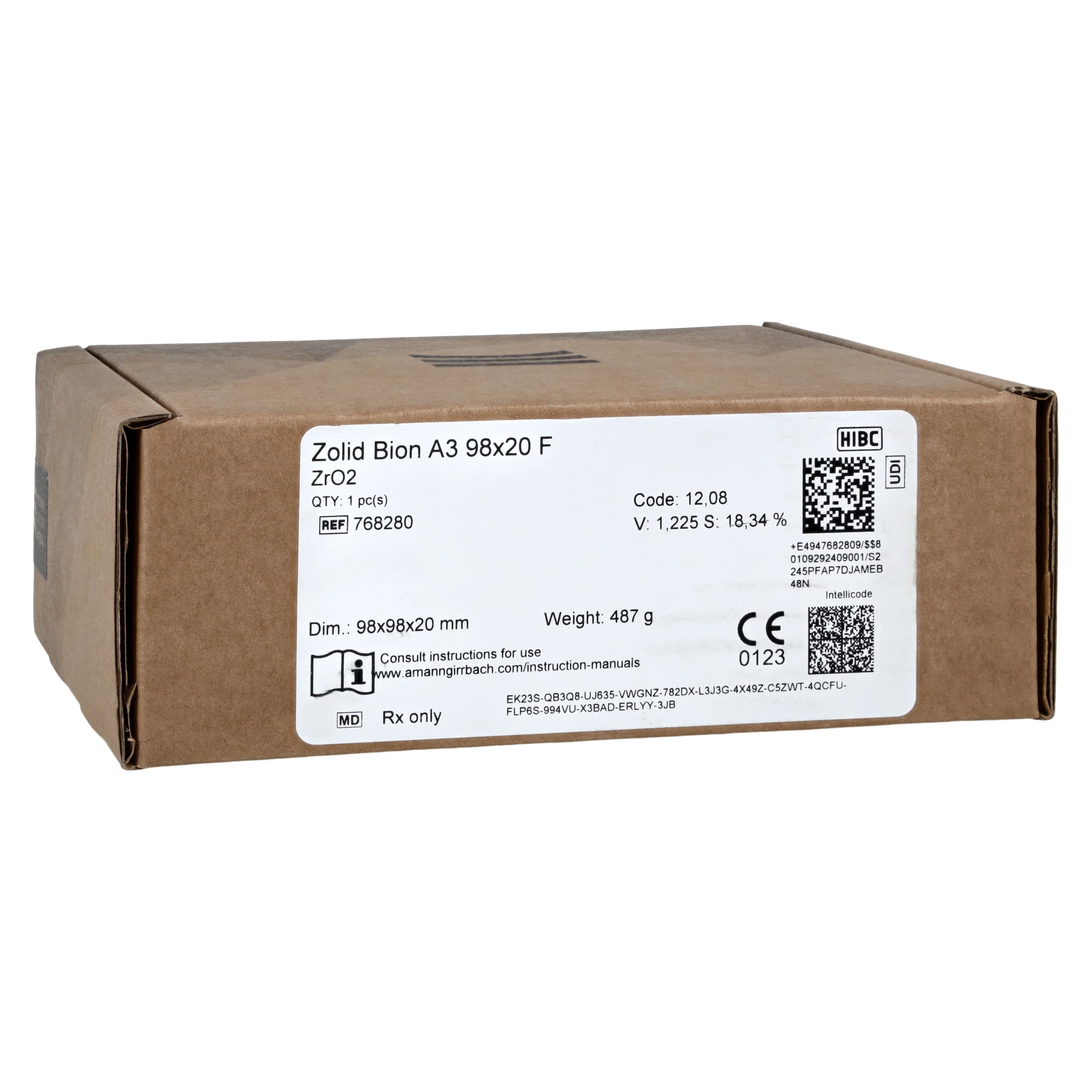 Zolid Bion Zirconia CAD/CAM Disc, A3, 98 x 20 mm, F, 1 Each - Zolid Bion A3 98x20 F - Image 1