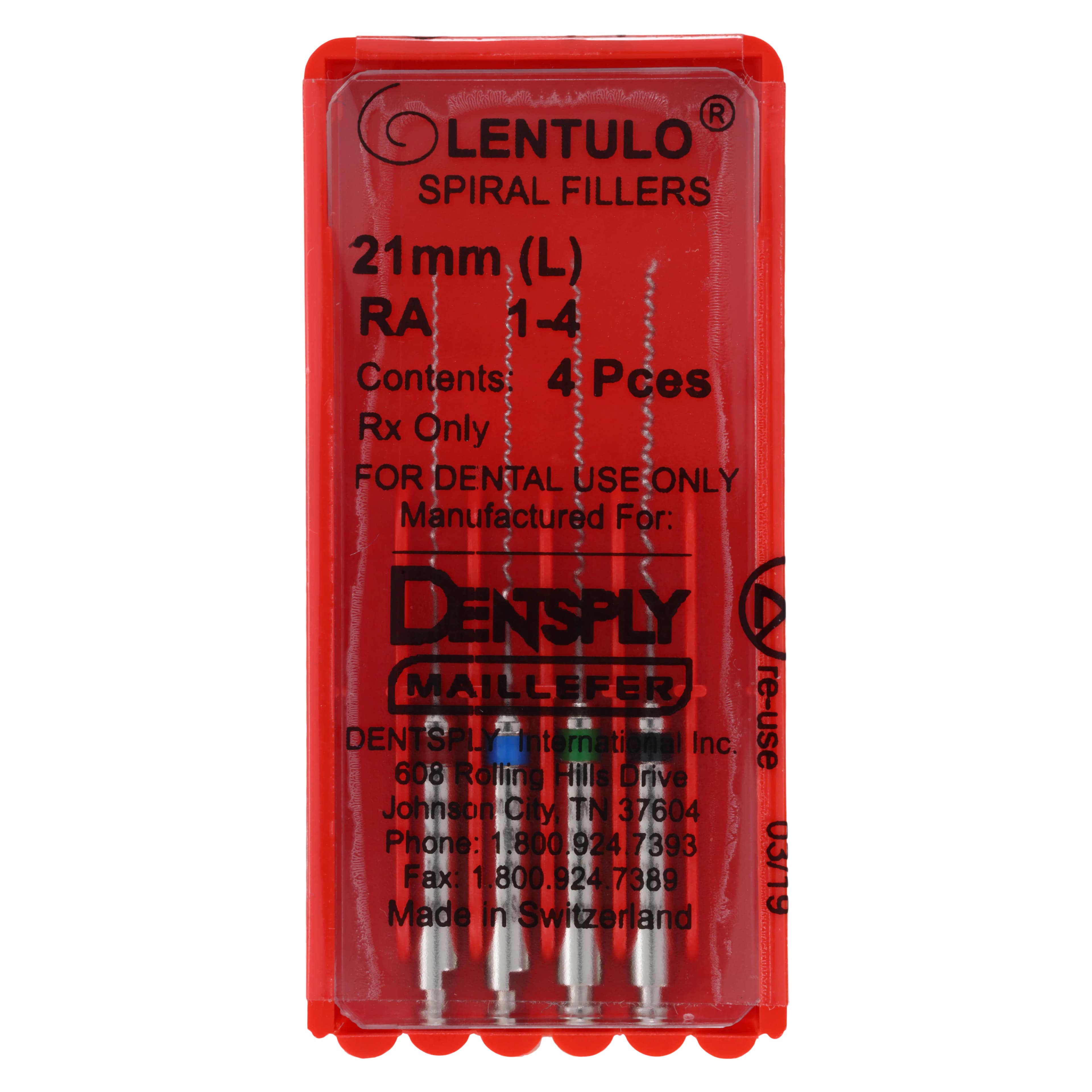 Dentsply Maillefer Lentulo Stainless Steel Spiral Fillers, RA, 21 mm, #1-4 Assorted, 4/Pk, 671564 - Lentulo Stainless Steel Spiral Fillers, RA, 21 mm, # 1-4, Assorted, 4/Pk - Image 1