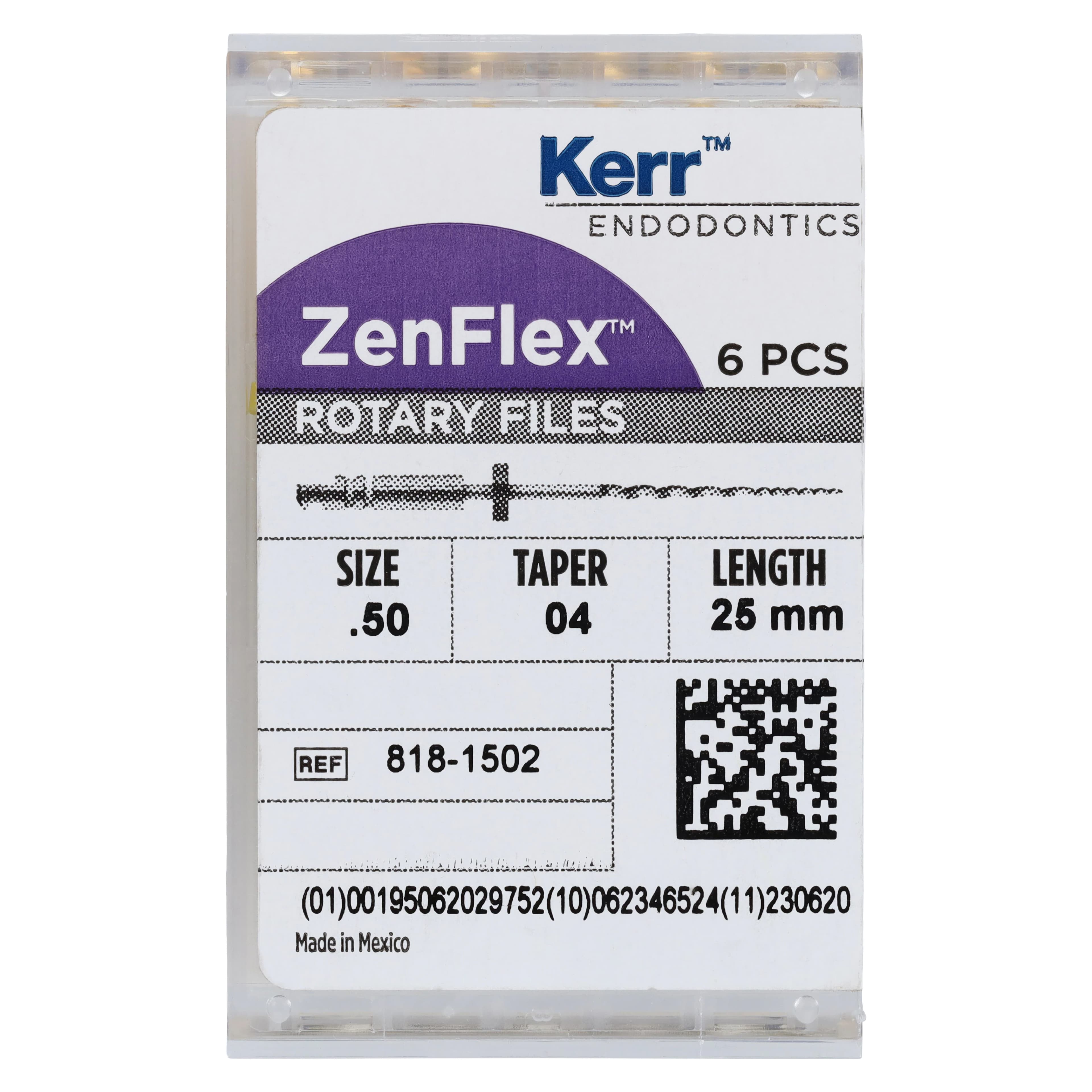 ZenFlex NiTi Rotary Shaping Files, .50/.04, 25mm, Non-Cutting, 6/Pk, 818-1502 - ZenFlex™ .50/.04/25mm Pack of 6 - Image 1