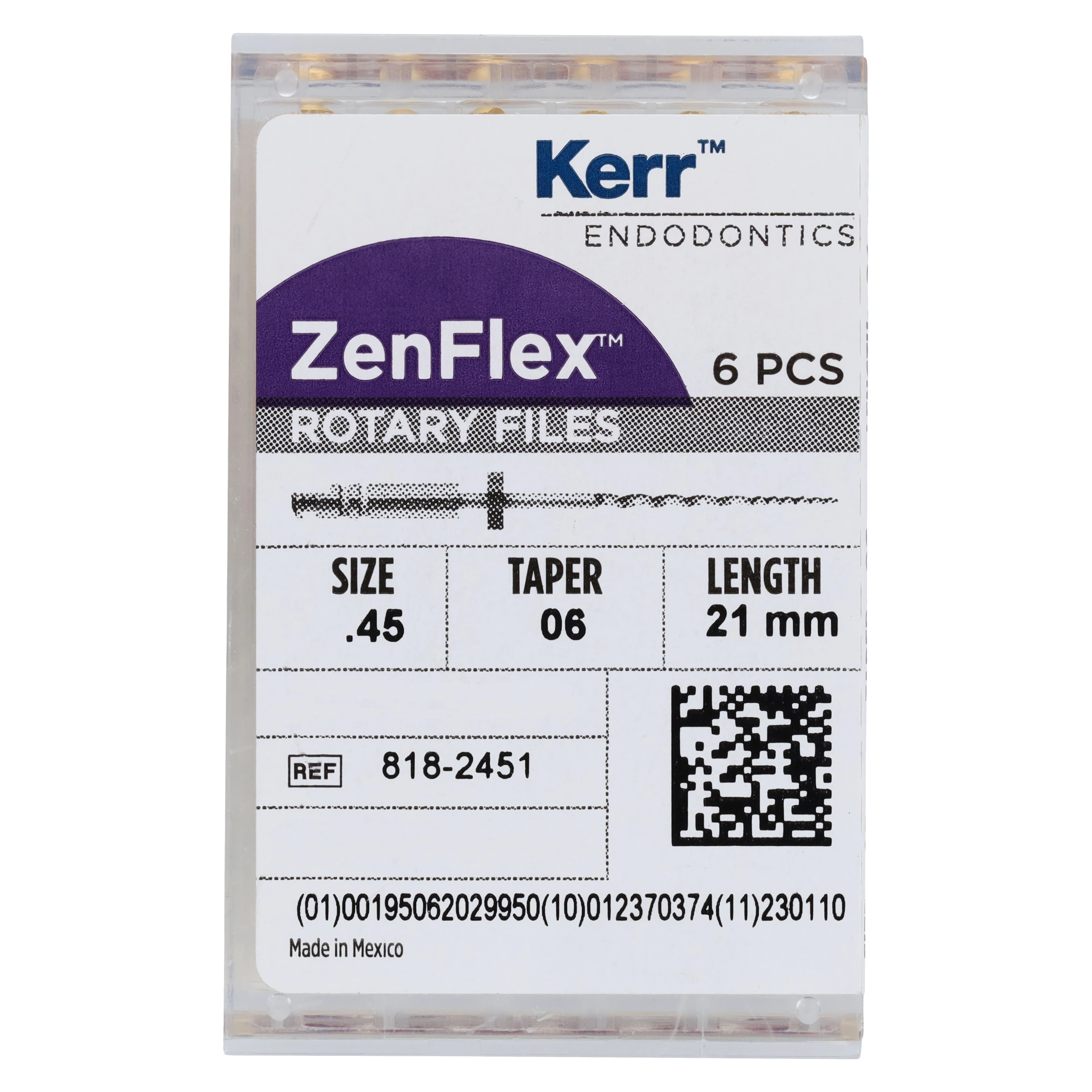 ZenFlex NiTi Rotary Shaping Files, .45/.06, 21mm, Non-Cutting Tip, 6/Pk, 818-2451 - ZenFlex™ .45/.06/21mm Pack of 6 - Image 1