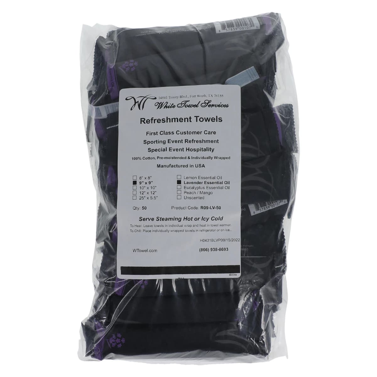 White Towel Services Aromatherapy Refreshment Towels, Lavender Scented, 100% Cotton, 9" x 9", White, 500/Case, R09-LV-500 - White Towel Services Refreshment Towels - Image 1