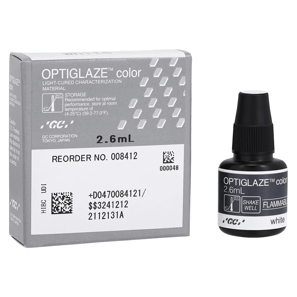 GC America OptiGlaze Color White, Light-Cured Nano-Filled Characterization Coating, 2.6 mL Bottle, #8412 - OptiGlaze Color White 2.6mL - Image 1