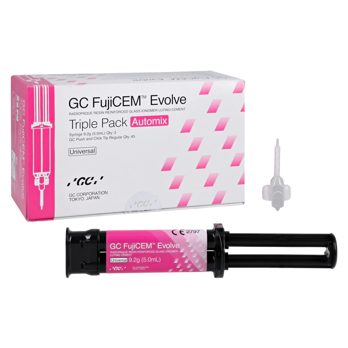GC FujiCEM Evolve Resin-Reinforced Glass Ionomer Luting Cement, Automix Triple Pack, 9.2 g Syringes, 3/Pk, 012950 - GC FujiCEM™ Evolve Automix 9.2g Syringe Pack of 3 - Image 1