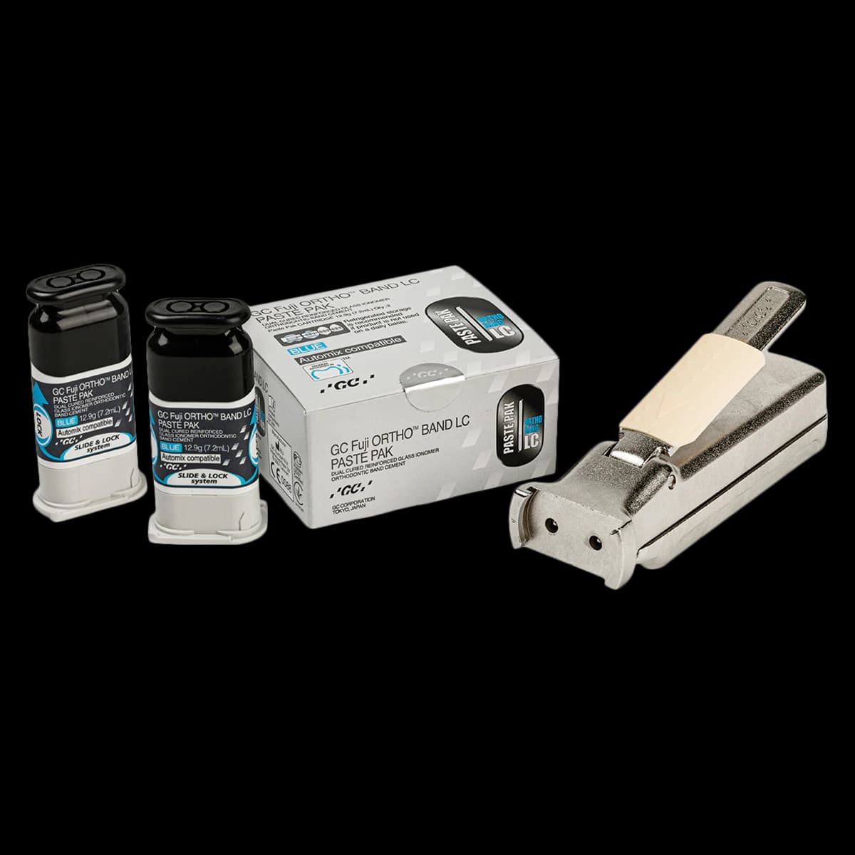 GC Fuji Ortho Band LC Automix Starter Kit, Light-Cured Resin-Reinforced Glass Ionomer Orthodontic Band Cement, Blue, 2 x 7.2 mL Cartridges, 439470 - Fuji Ortho Band LC Automix Starter Kit - Image 1