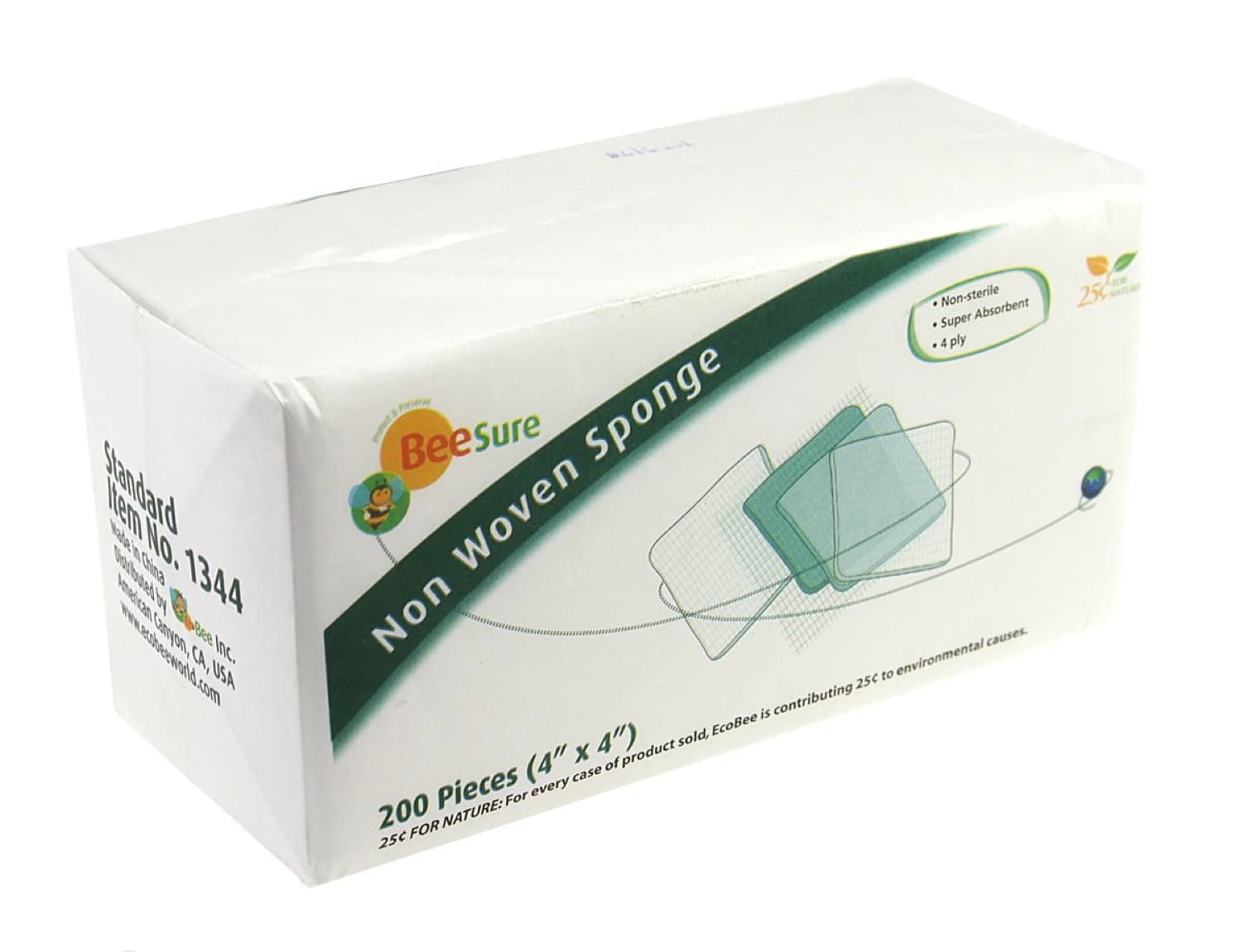 BeeSure Non-Woven Sponge, 4" x 4", 4-Ply Rayon/Polyester, Non-Sterile, Standard 30g/m², 2000/Pk, BE1344 - BeeSure Non-Woven Sponge NS 4x4 2000/Pk 4-ply rayon and polyester blended, BE1344 - Image 1