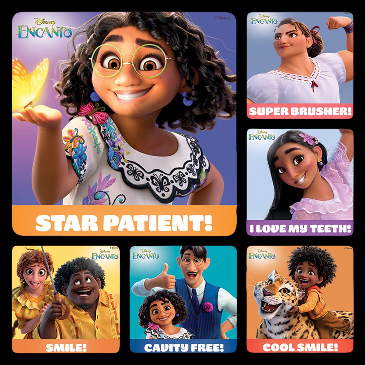Sherman Specialty Encanto Patient Stickers, Assorted 2.5" x 2.5", 100/Roll, PS749 - Encanto Patient Stickers Roll of 100 - Image 1