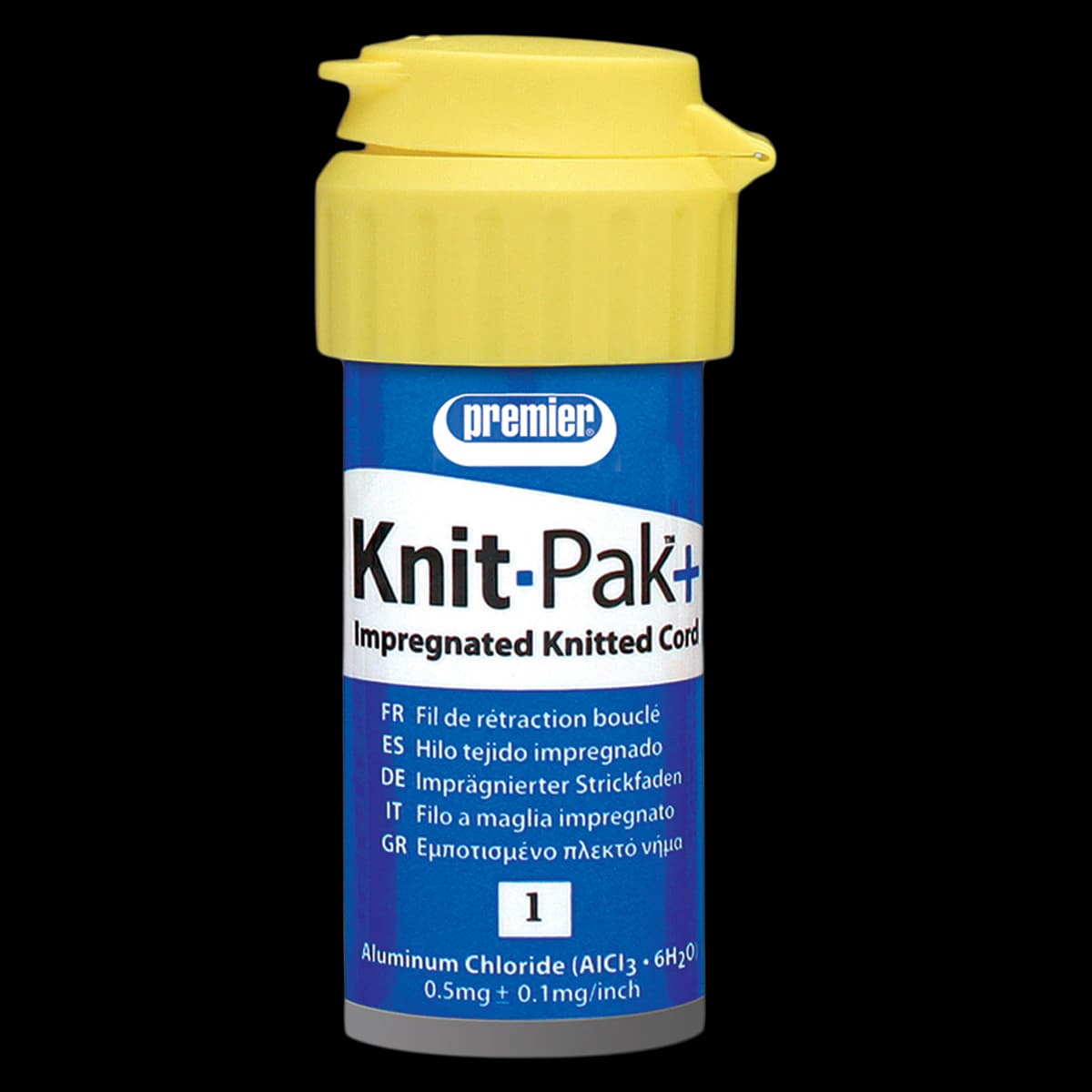 Knit-Pak+ Impregnated Knitted Gingival Retraction Cord, Aluminum Chloride, Size 1, Blue, 100" per Bottle, 9007564 - Knit-Pak+ Impregnated Retraction Cord, Knitted, Aluminum Chloride, Blue, 100" 1/Pk, 9007564 - Image 1
