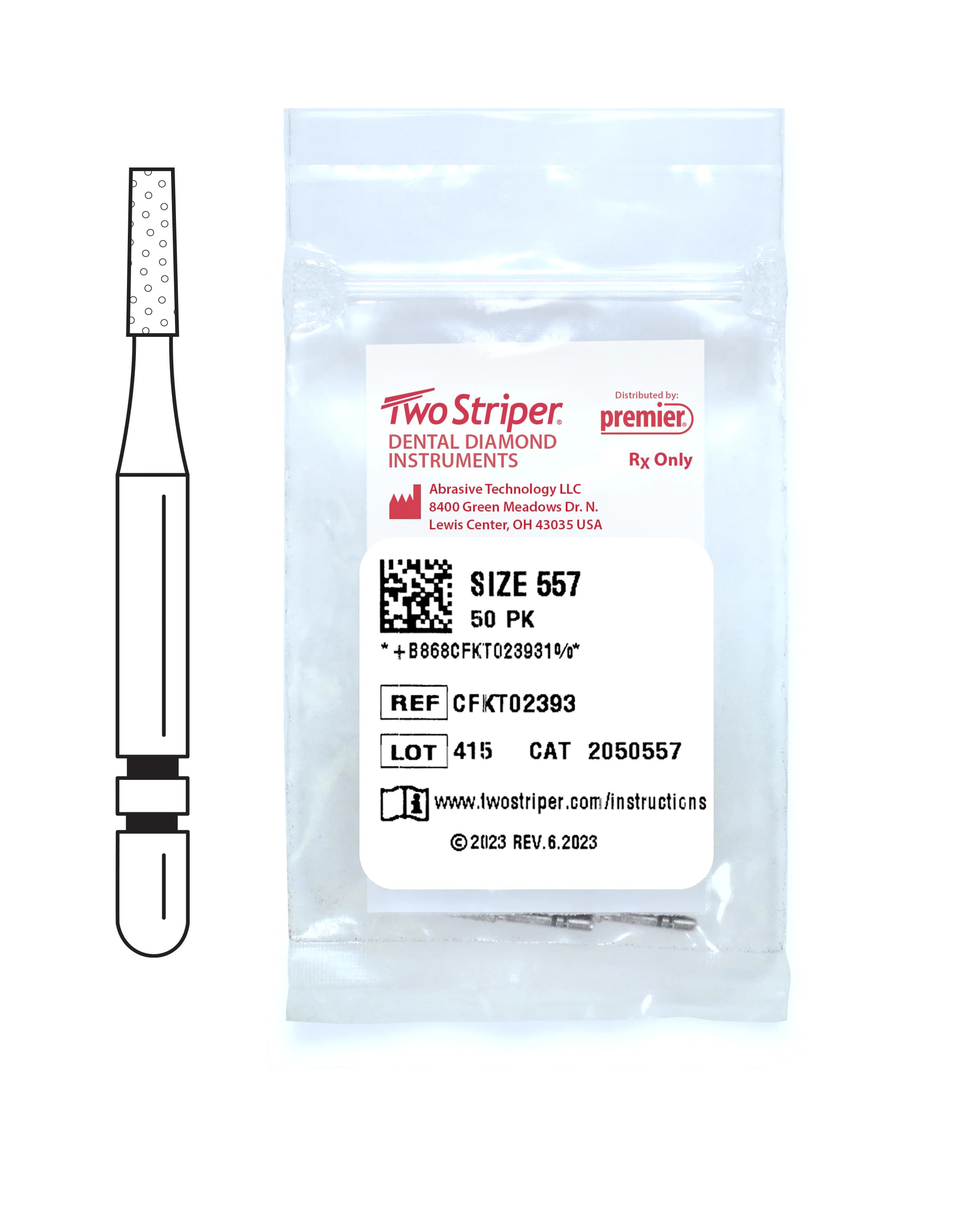 Two Striper® FG Operative Diamond Bur, #557, Medium Grit, Flat End Cylinder, Friction Grip, 1.0 mm Major/0.9 mm Minor Diameter, 3.9 mm Length, 50/Pkg, 2050557 - Two Striper® FG Operative Diamond Burs – FG, Medium, Blue, Cylinder - # 557, 1.0 mm Major/0.9 mm Minor Diameter, 3.9 mm Length, 50/Pkg - Image 1