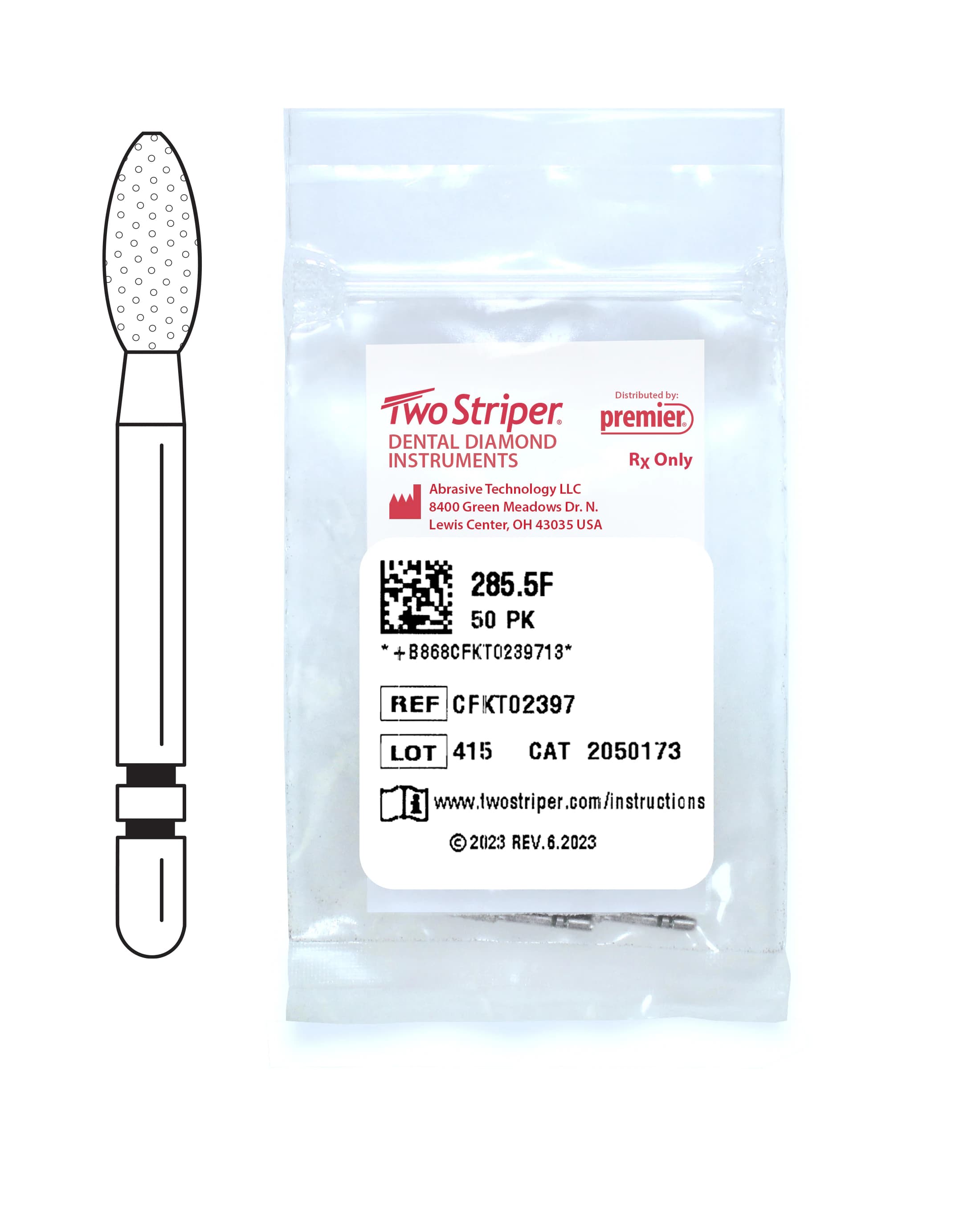 Two Striper® Diamond Bur, Friction Grip (FG), Football #285.5F, Fine, Red Ring, 2.3 mm Major/0.7 mm Minor Diameter, 5.0 mm Length, 50/Pkg, 2050173 - Two Striper® Diamond Burs – FG, Fine, Red, Football - # 285, 2.3 mm Major/0.7 mm Minor Diameter, 5.0 mm Length, 50/Pkg - Image 1