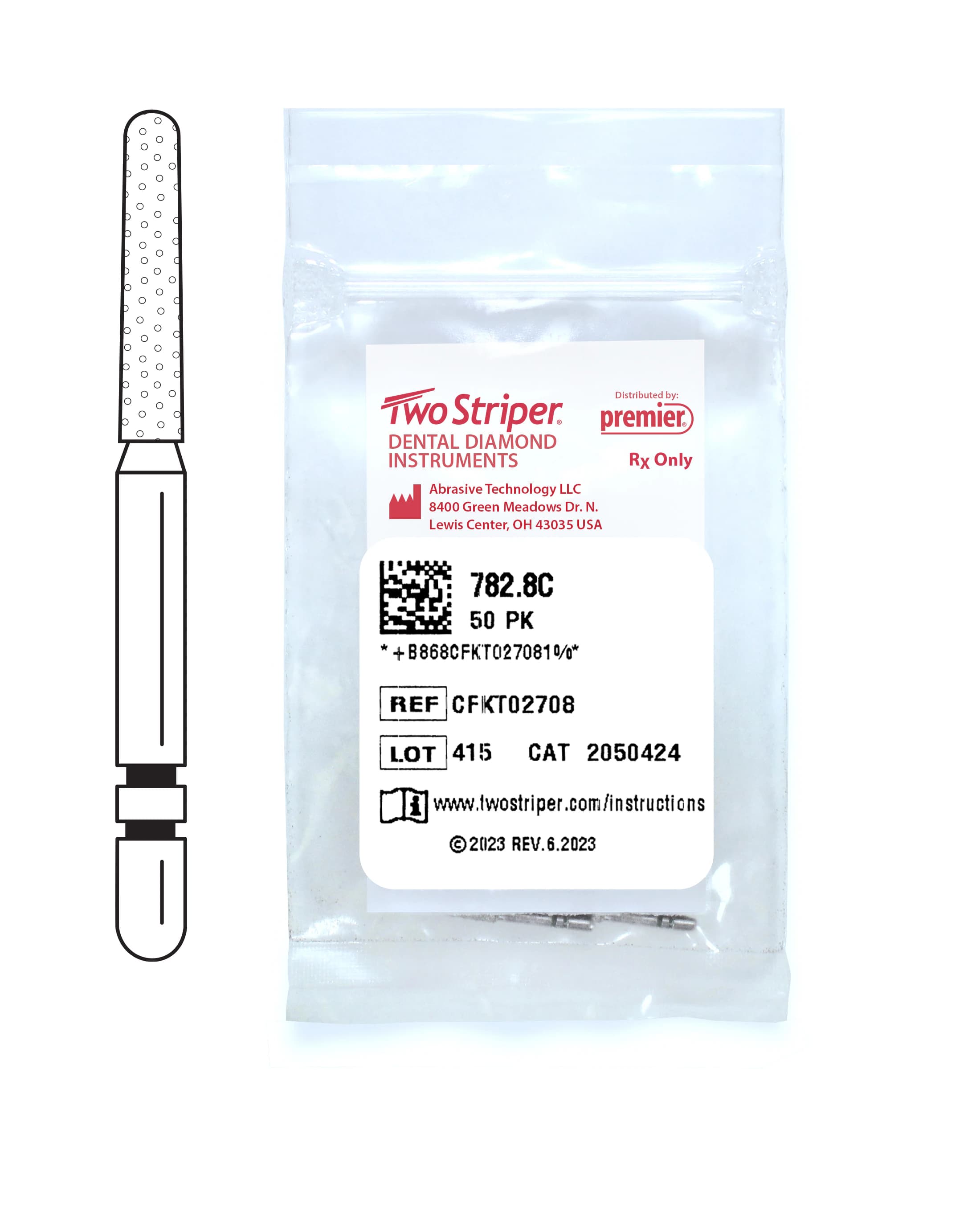 Two Striper Diamond Bur #782.8C, Friction Grip, Coarse, Green, Round End Taper, 1.5 mm Major/1.1 mm Minor Diameter, 8.0 mm Length, 50/Pkg - Two Striper Diamond Burs – FG, Coarse, Green, Taper Round End, 5/Pkg - # 782, 1.5 mm Major/1.1 mm Minor Diameter, 8.0 mm Length, 50/Pkg - Image 1