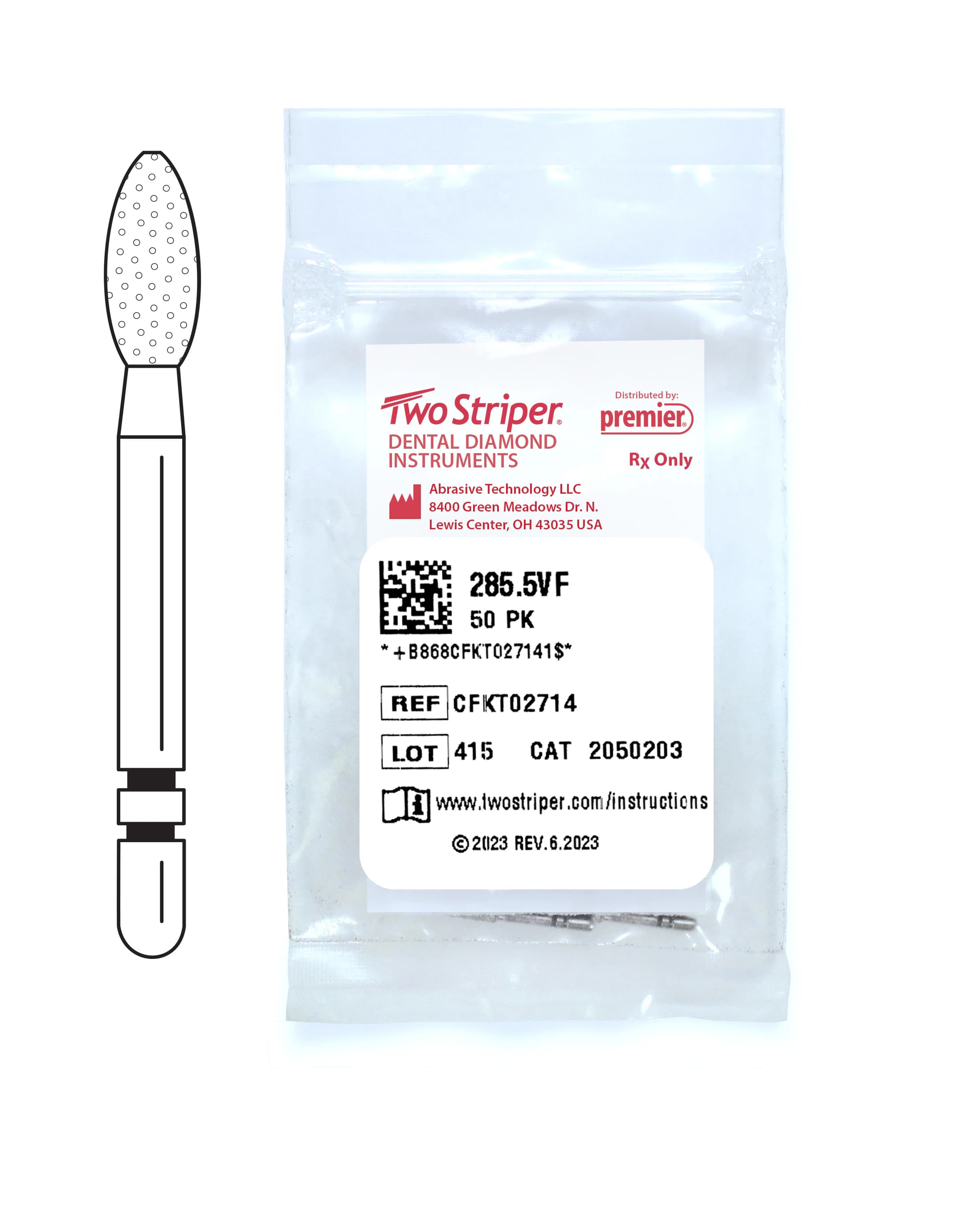 Two Striper® Diamond Bur #285.5VF, Friction Grip, Very Fine, Football, Yellow, 50/Pkg - Two Striper® Diamond Burs – FG, Very Fine, Yellow, Football, 5/Pkg - # 285, 2.3 mm Major/0.7 mm Minor Diameter, 5.0 mm Length, 50/Pkg - Image 1