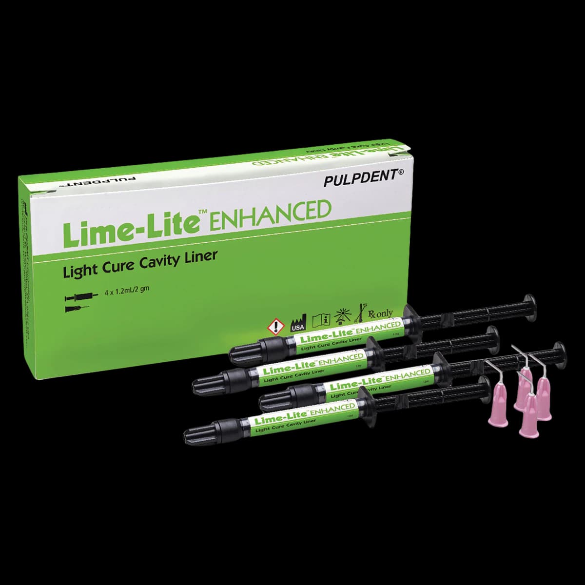 Pulpdent Lime-Lite Enhanced Light Cure Cavity Liner, 1.2 mL Syringe Kit, 4/Pk, LLE - Lime-Lite Enhanced Cavity Liner, 1.2 ml, Syringe Kit, 4/Pk, LLE - Image 1