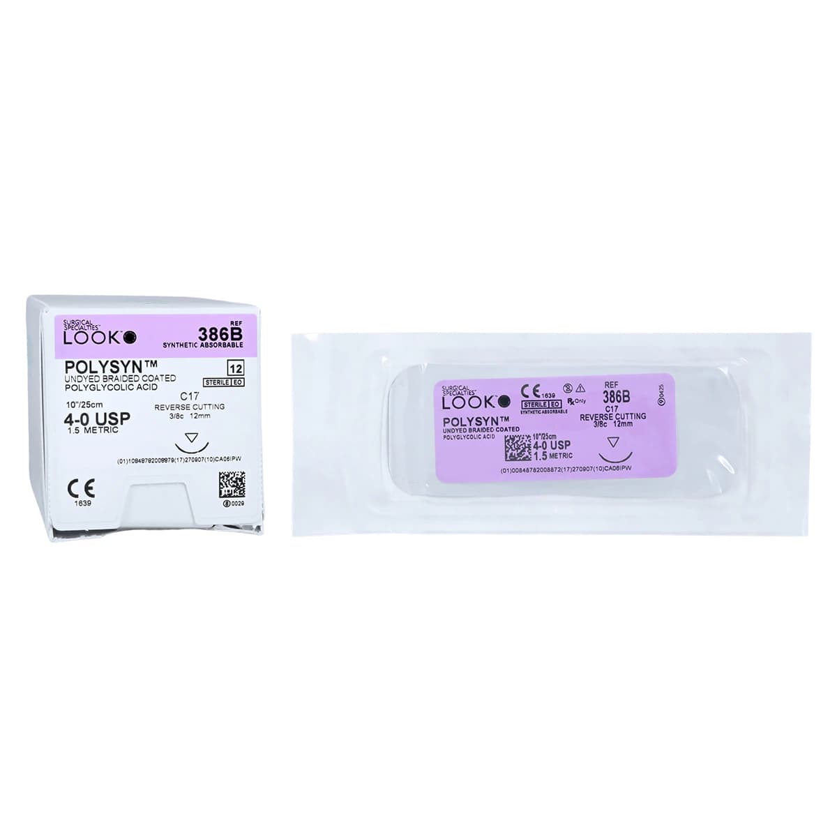 Look PolySyn PGA Absorbable Braided Suture, Undyed, 4-0, 10 in (25 cm), C-17 Reverse Cutting Needle, 12 mm 3/8 Circle, 12/Box, 386B - PolySyn Suture, Undyed Braided, 4-0, 10 in/25 cm, C17, 12 mm 3/8 Circle Needle, 12/Bx, 386B - Image 1