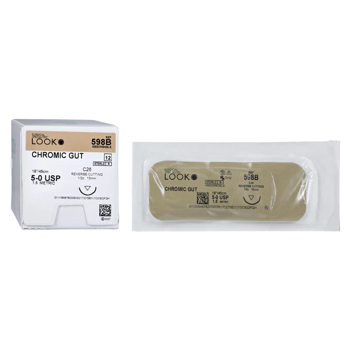 Look Chromic Gut Absorbable Suture, 5-0, 18"/45 cm, C26 Reverse Cutting 1/2 Circle 15 mm Needle, 12/Pk, 598B - Chromic Gut Suture with C26 Needle (RC), 18"/45 cm, # 5-0, 12/Pk, 598B - Image 1