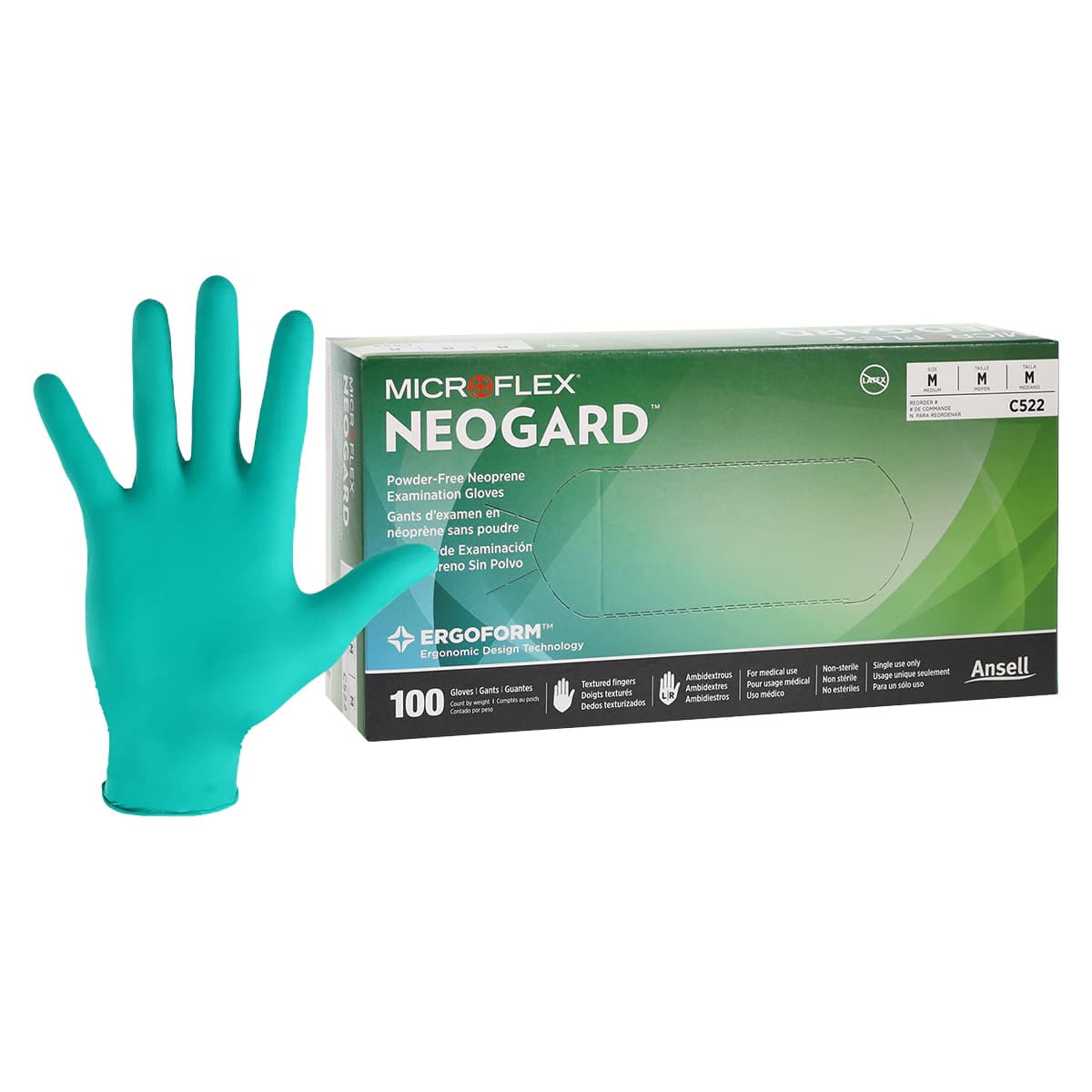 Microflex Neogard Chloroprene Exam Gloves, Powder-Free, Non-Sterile, Medium, Green, 100/Box, C522 - Microflex Neoguard Chloroprene Green Exam Gloves PF (M) 100Bx - Image 1