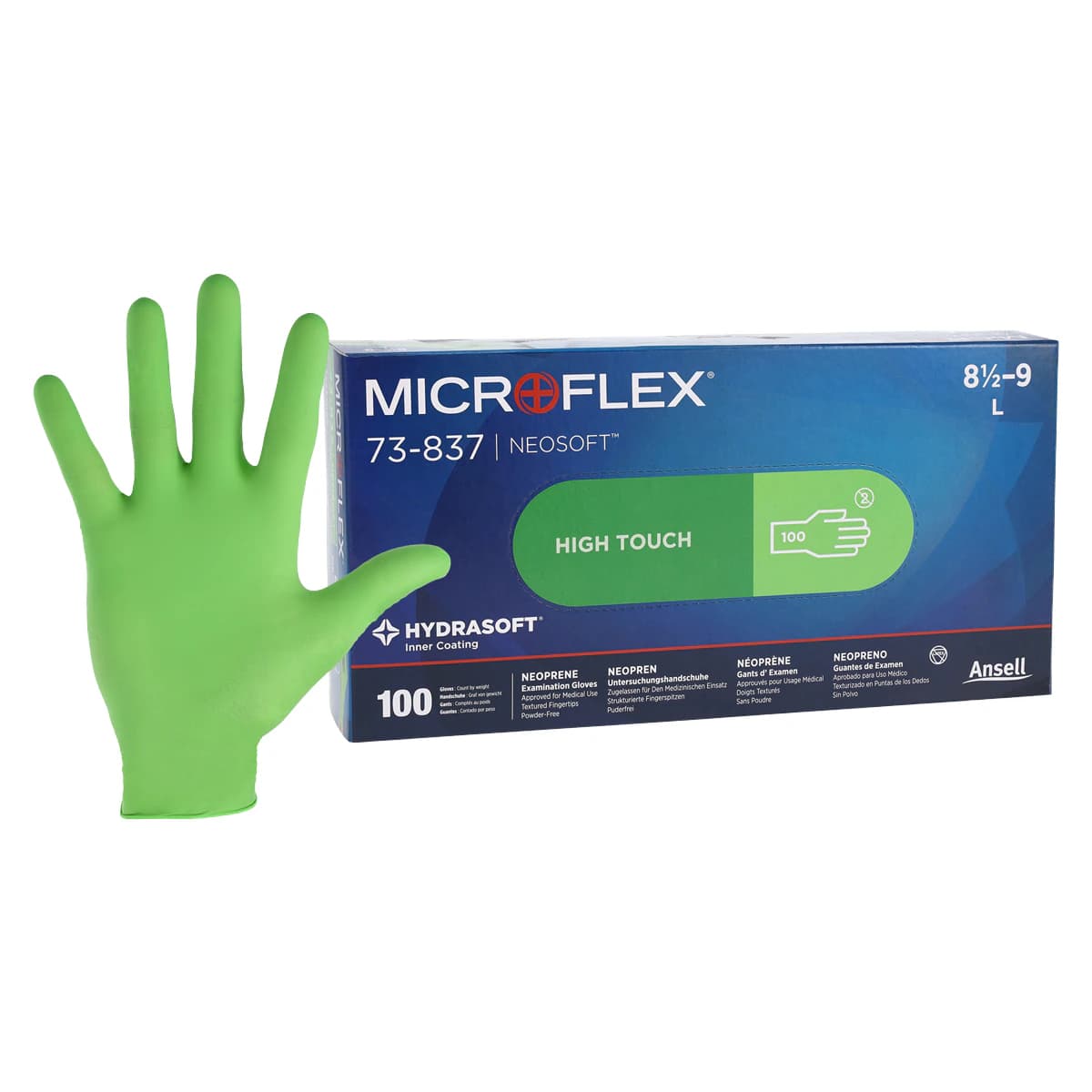 Microflex NeoSoft Neoprene Exam Gloves, Powder-Free, Latex-Free, Textured, Large, Green, 100/Bx, 73-837 - -Neosoft LRG Neoprene PF Txt Gloves, Green (100) - Image 1