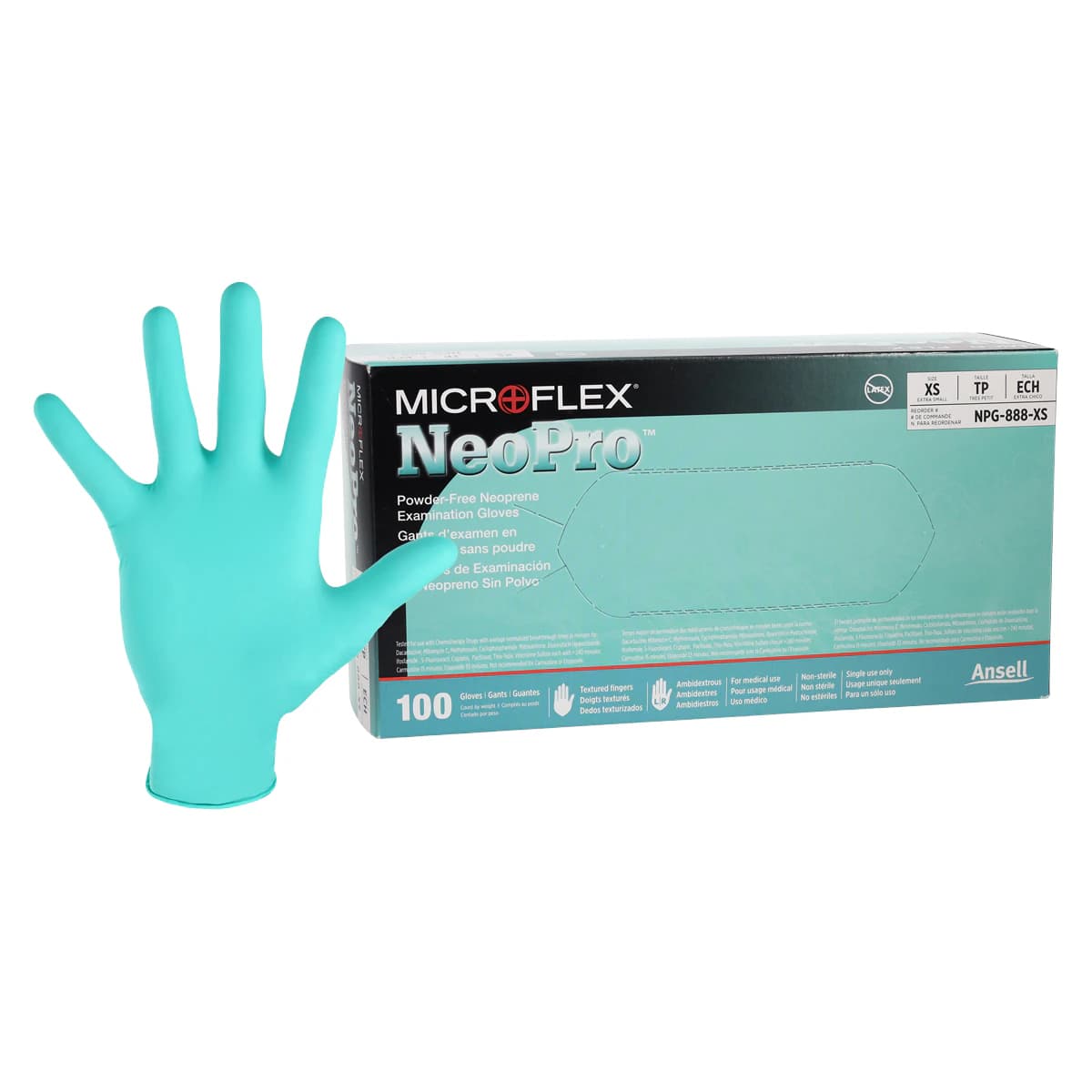 Microflex NeoPro Chloroprene Exam Gloves, Powder-Free, Latex-Free, Textured, Green, Extra Small, 100/Box, NPG-888-XS - NeoPro Chloroprene Gloves, Powder-Free, Extra Small, Green, 100/Box - Image 1