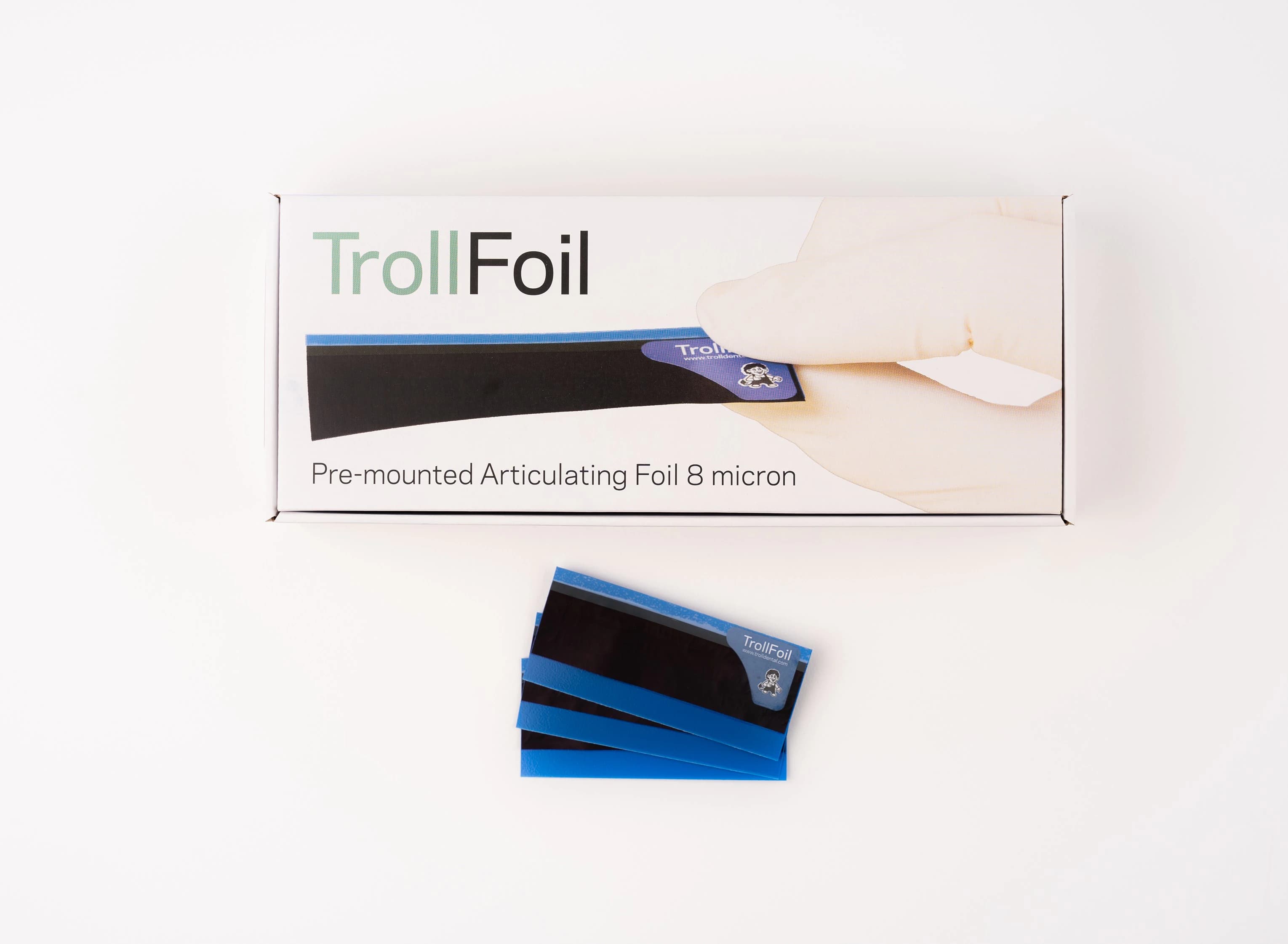 TrollFoil Pre-Mounted Double-Sided Articulating Foil, 8 Microns, Blue, 3" x 3/4", 500/Pk, 12000501 - TrollFoil Pre-Mounted Double-Sided Articulating Foil, 8 microns, Blue, 500/Pk, 12000501 - Image 1